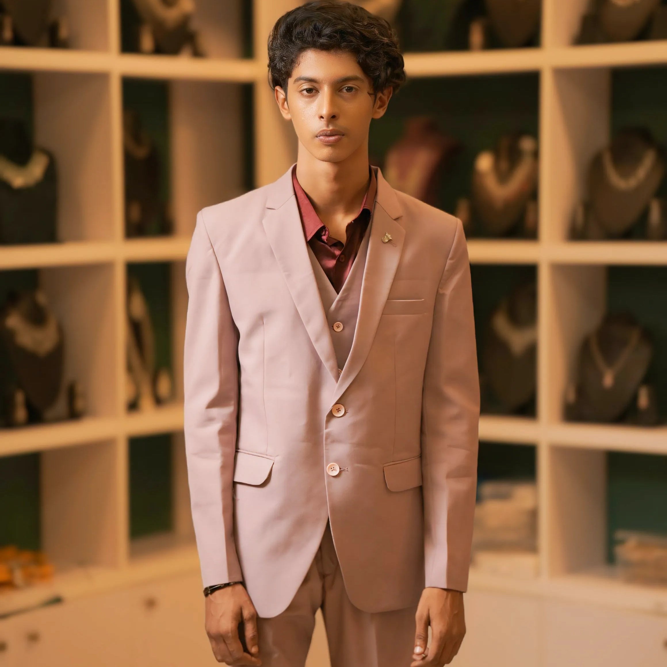 boy wearing Pastel Pink Three-Piece Suit for party