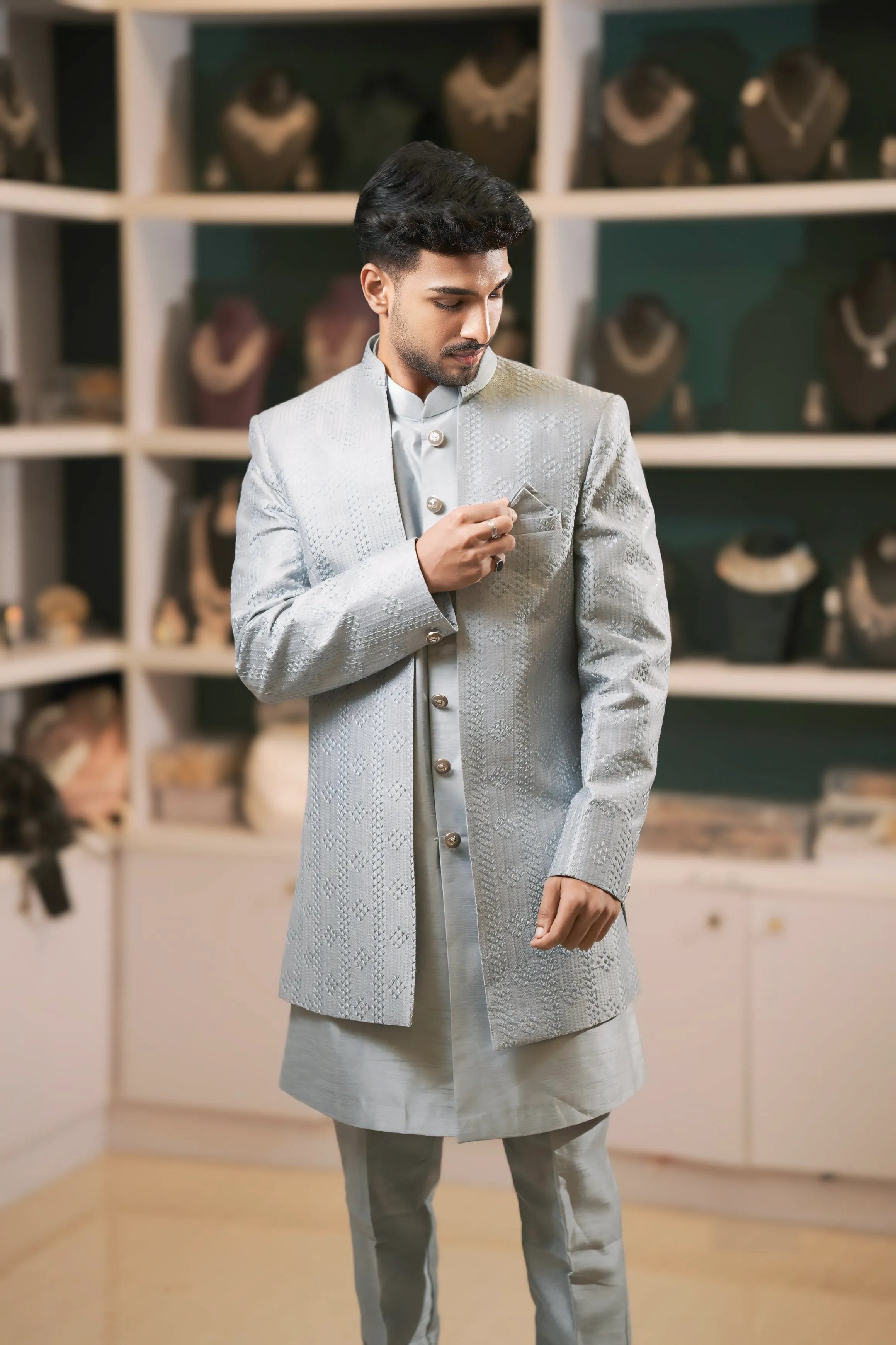 Pastel Blue Textured Sherwani