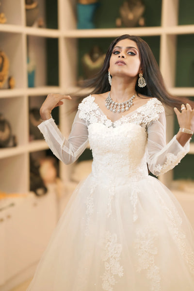 White Bridal Gown with Lace Sleeves