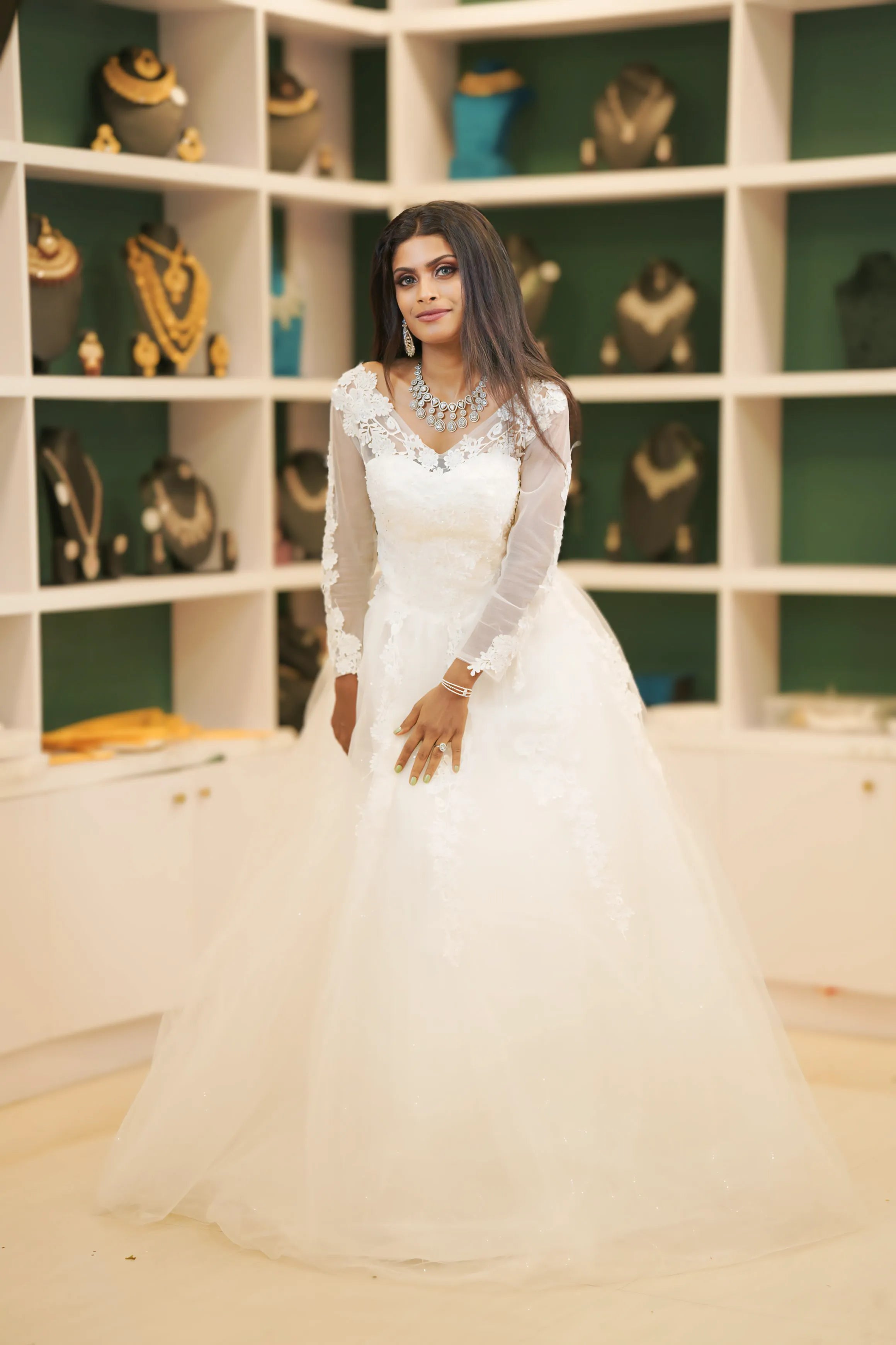 White Bridal Gown with Lace Sleeves