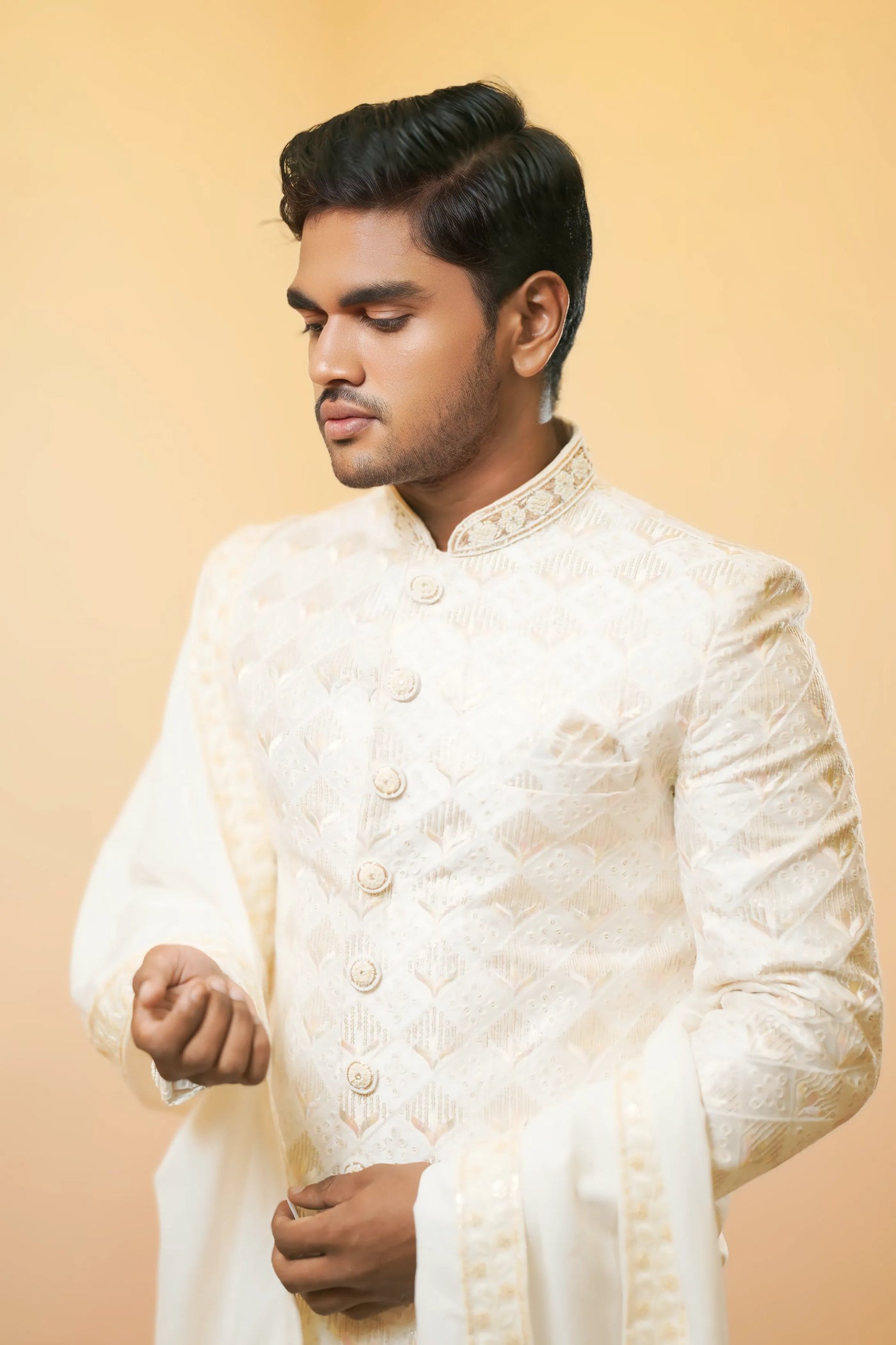 Off-White Diamond Embroidered Sherwani