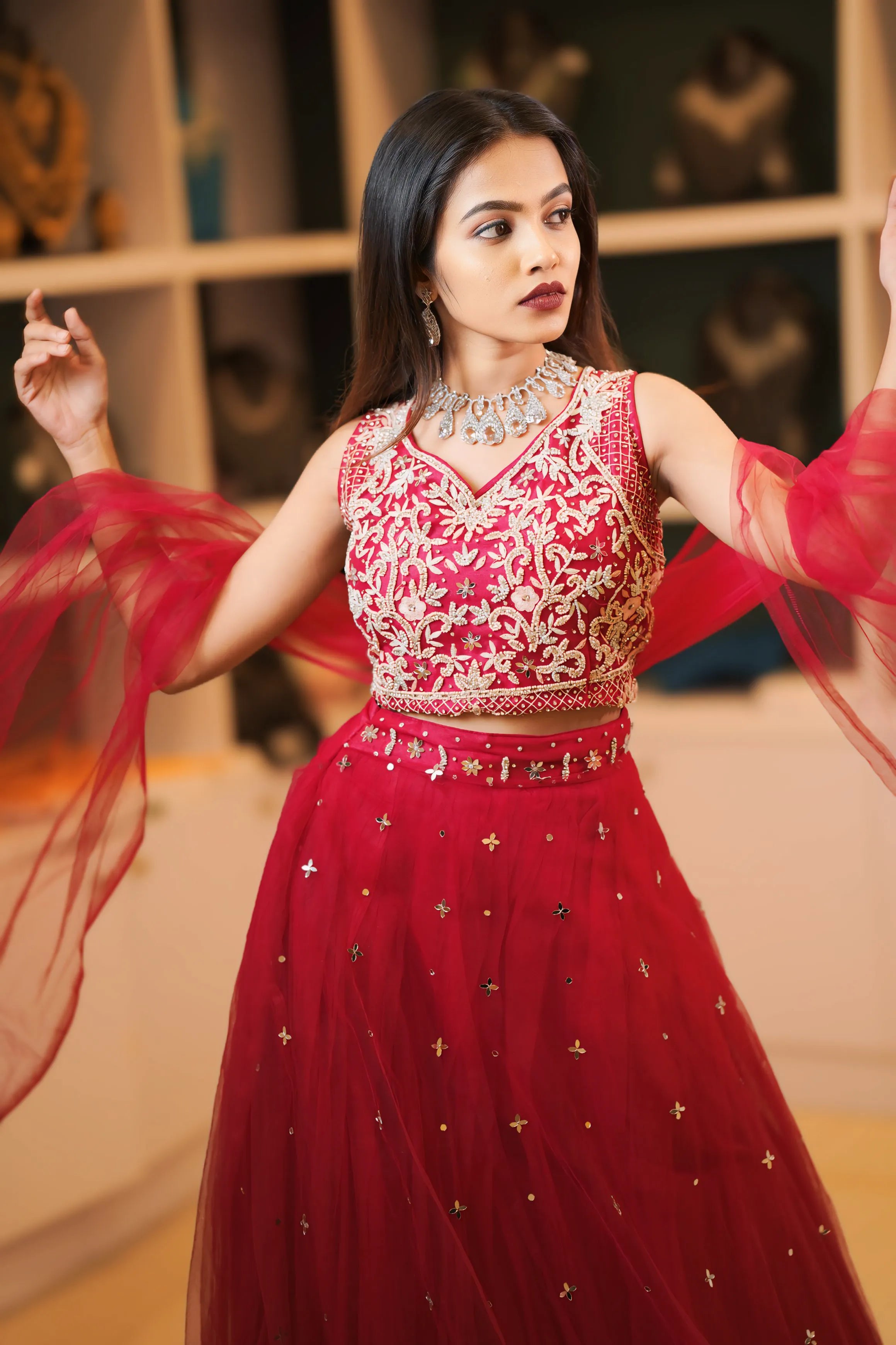 Red Embroidered Lehenga