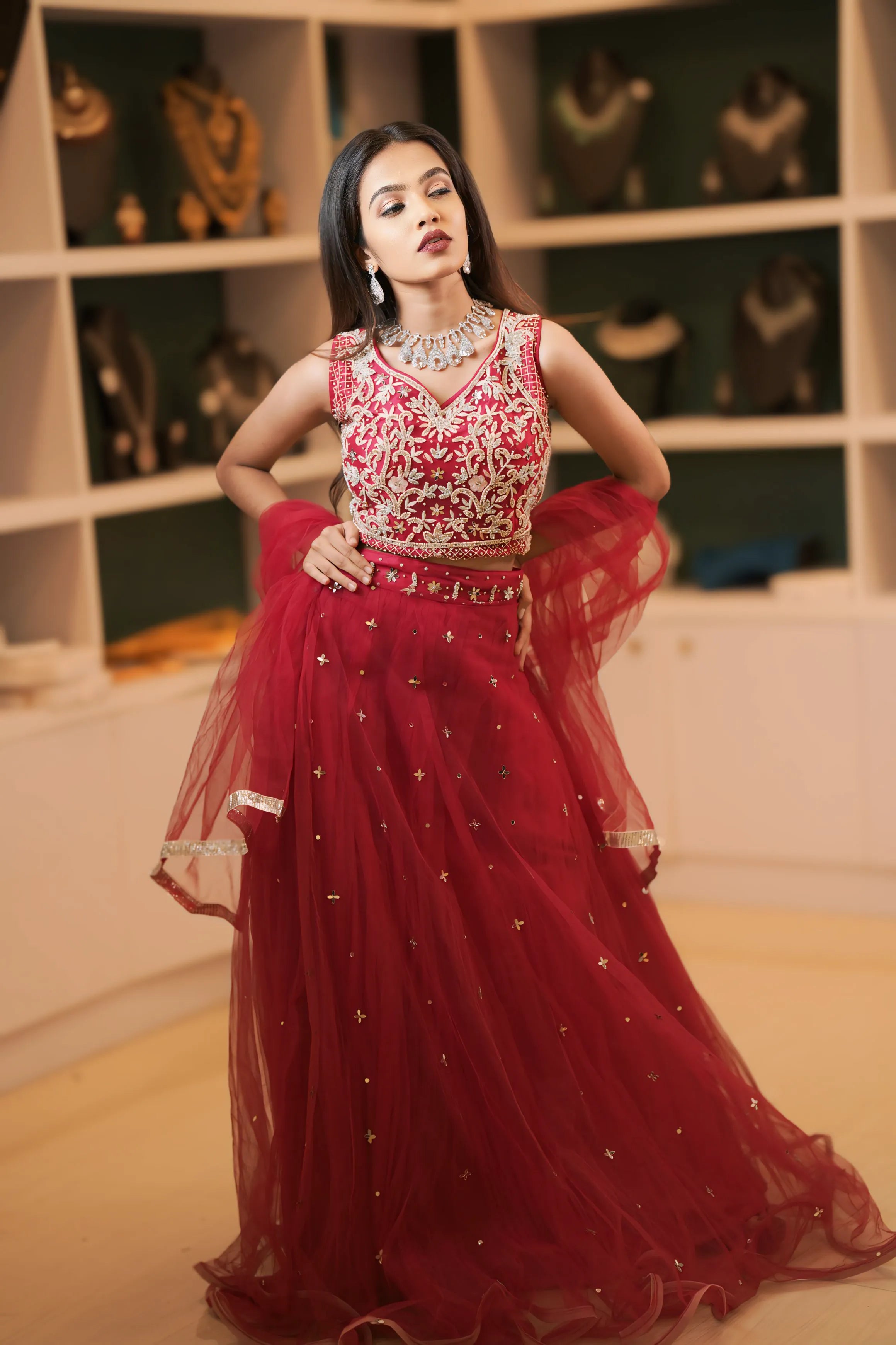 Red Embroidered Lehenga