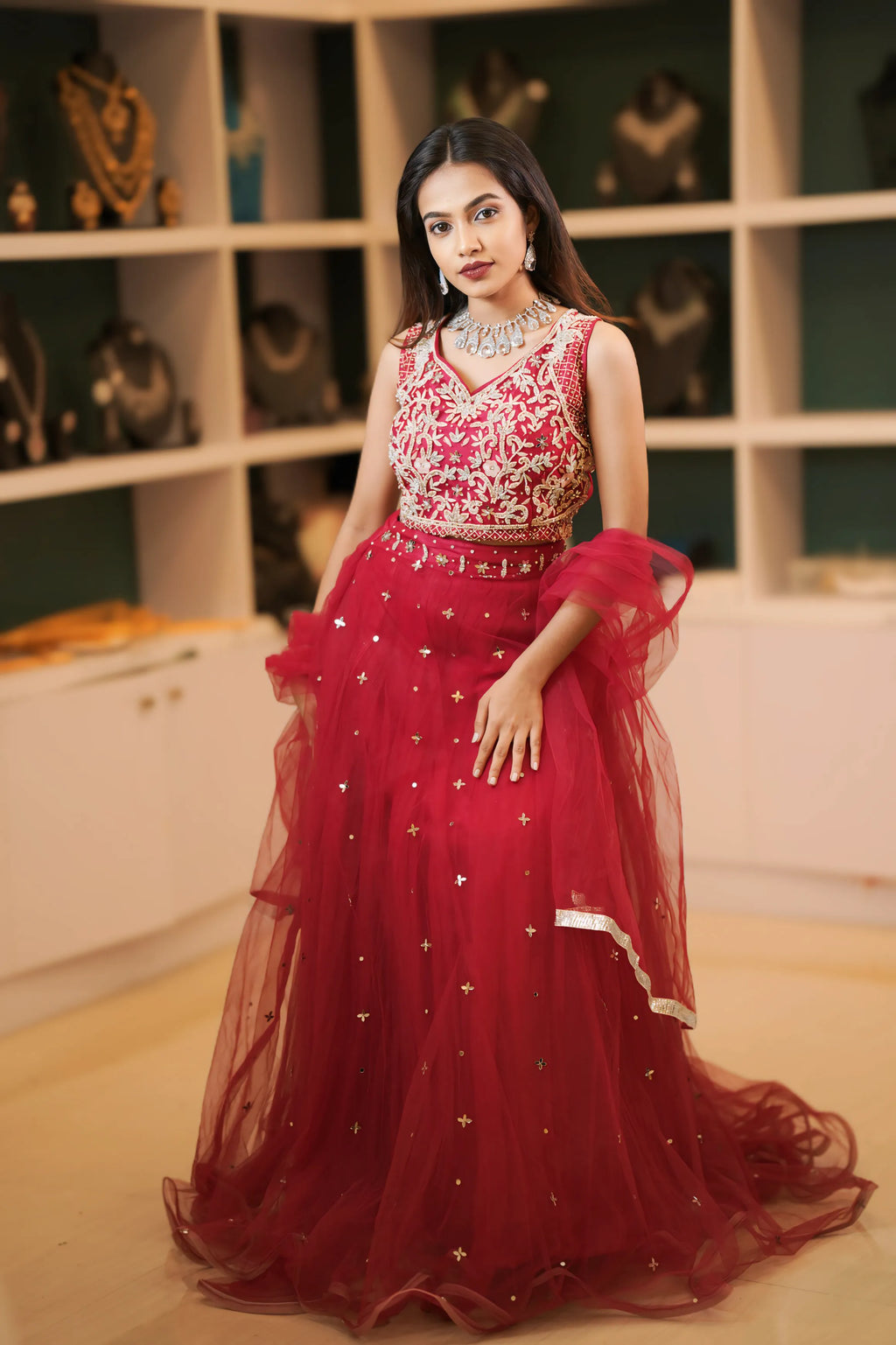 Red Embroidered Lehenga