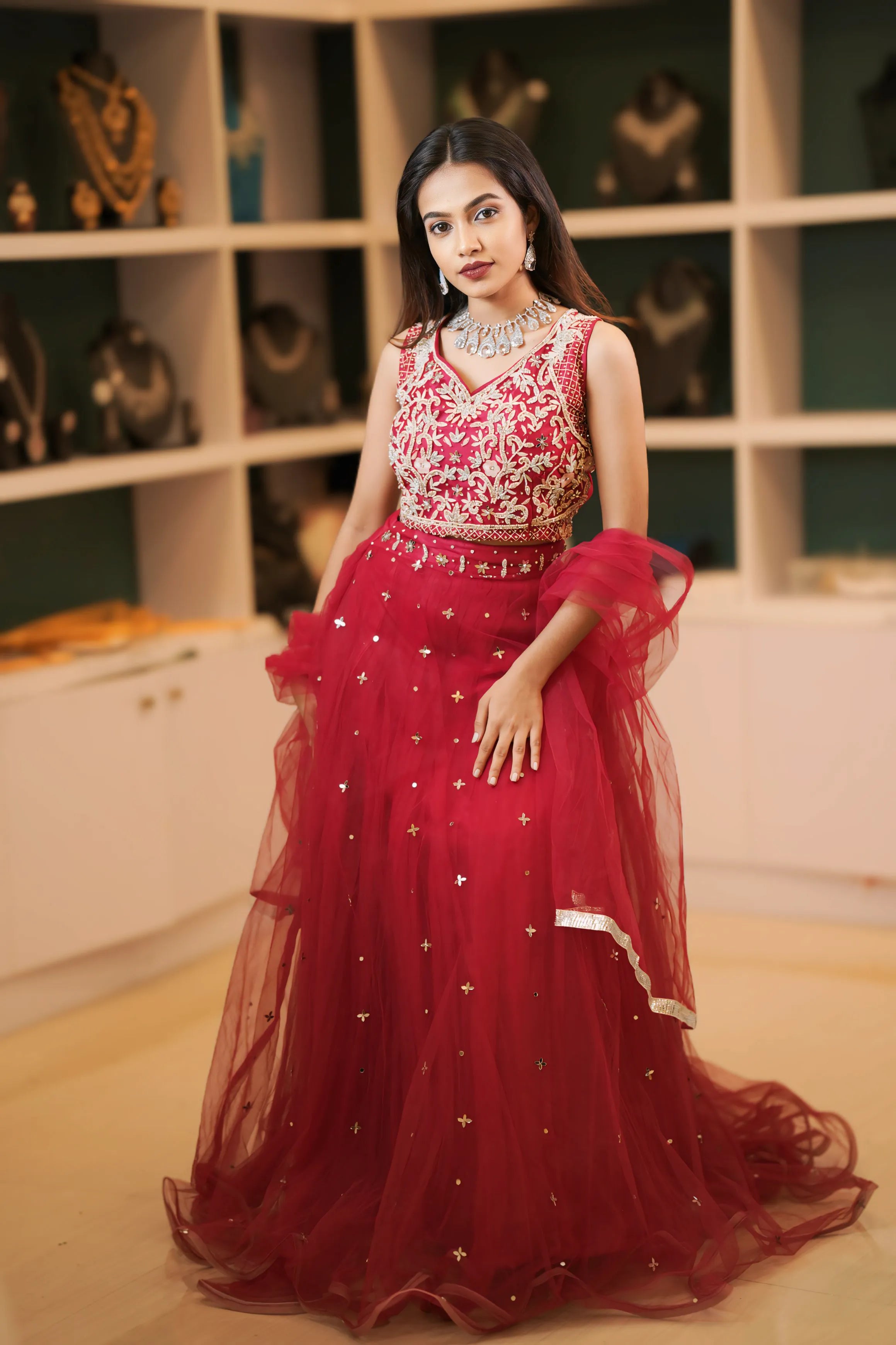 Red Embroidered Lehenga