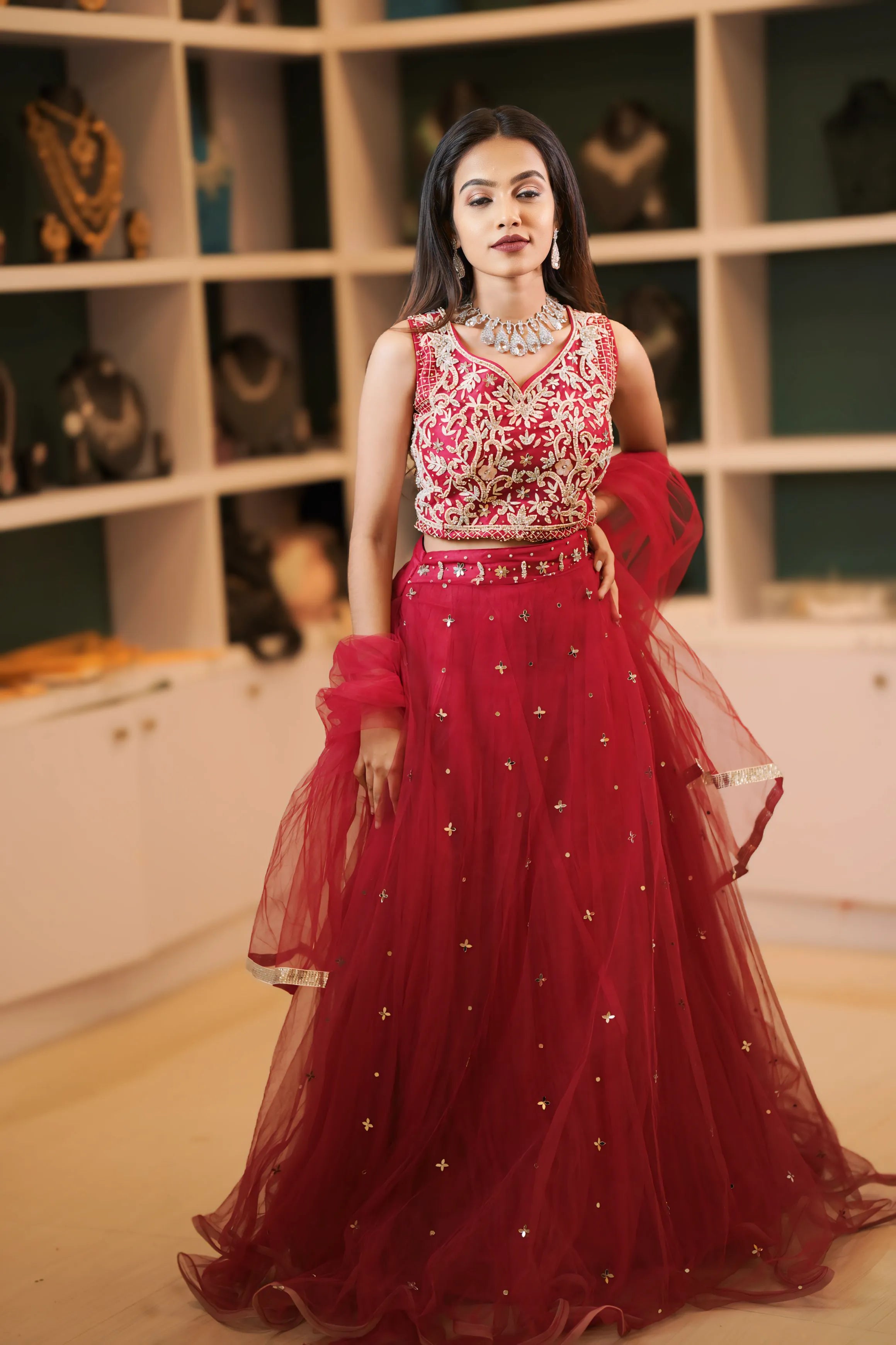 Red Embroidered Lehenga
