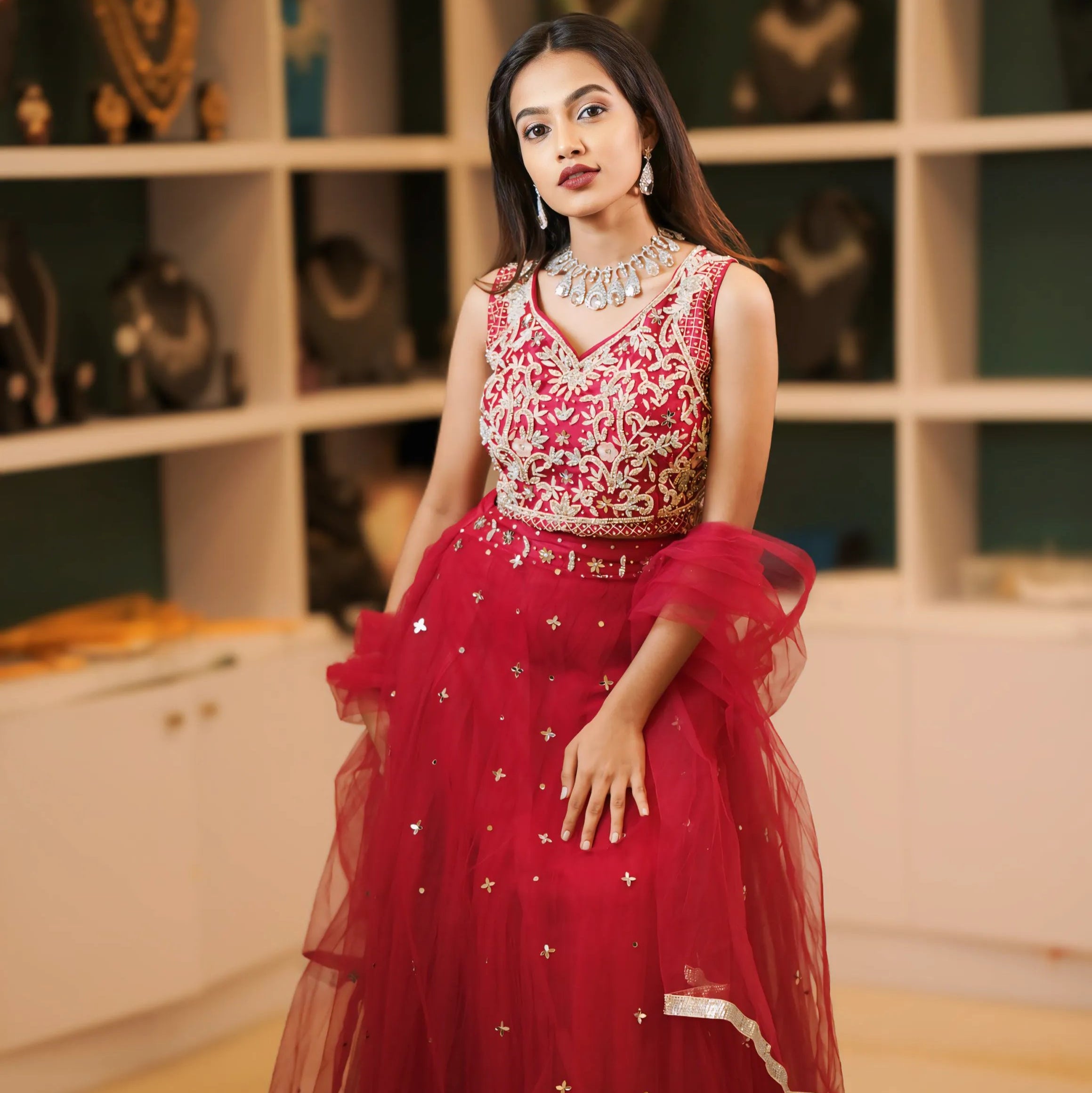 Red Embroidered Lehenga