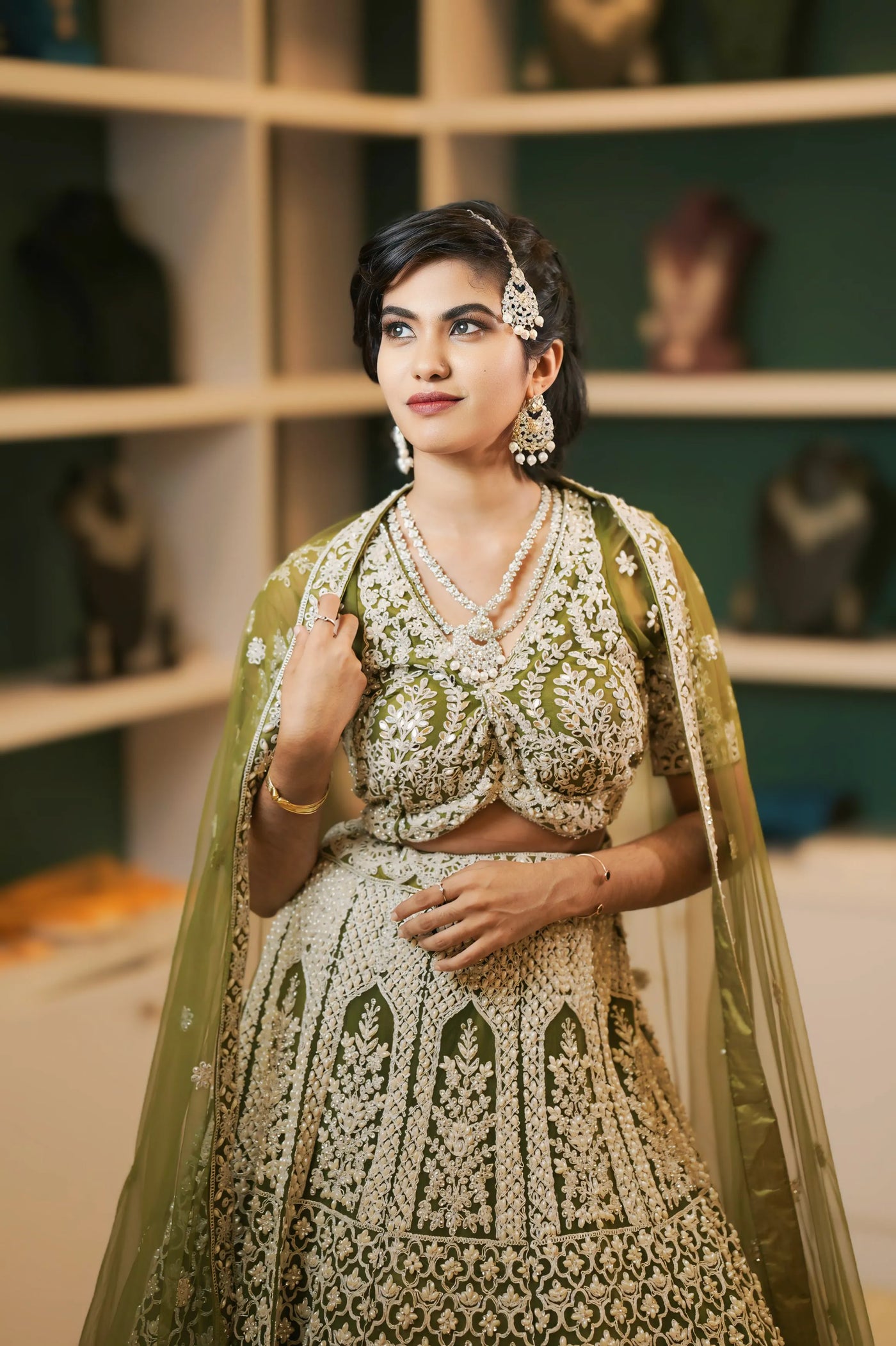 Sage Green Embroidered Crop Top Lehenga