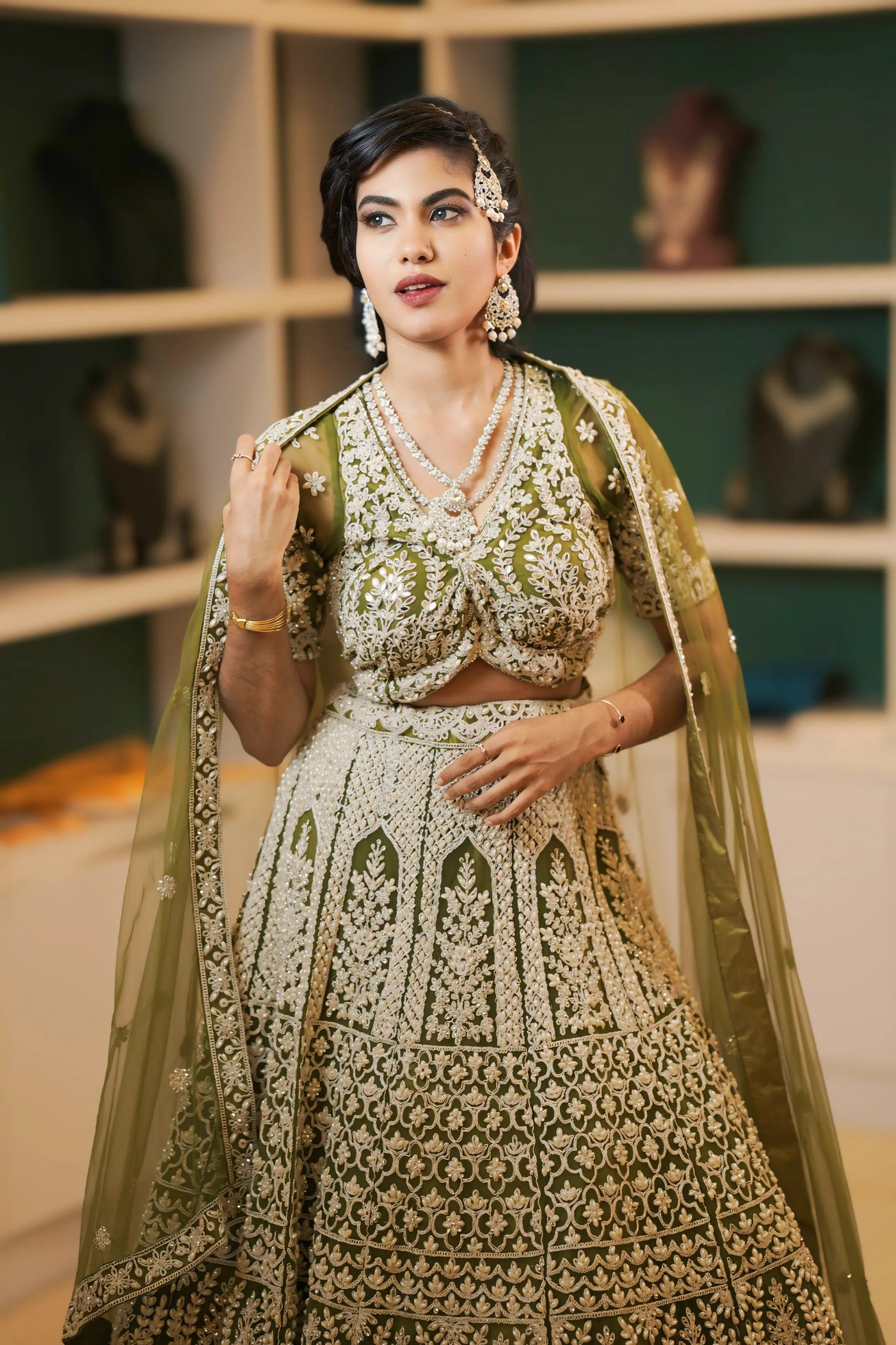 Sage Green Embroidered Crop Top Lehenga