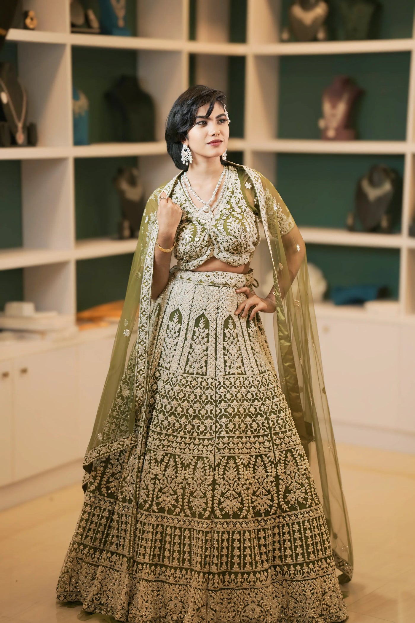 Sage Green Embroidered Crop Top Lehenga