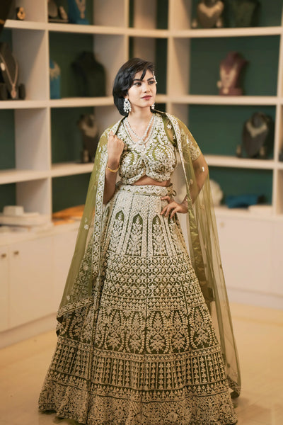 Sage Green Embroidered Crop Top Lehenga