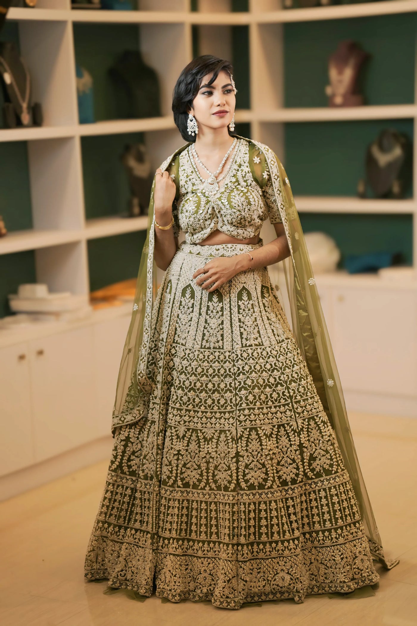 Sage Green Embroidered Crop Top Lehenga