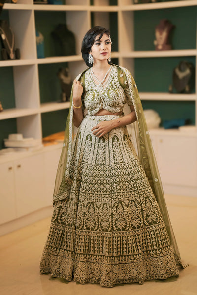Sage Green Embroidered Crop Top Lehenga