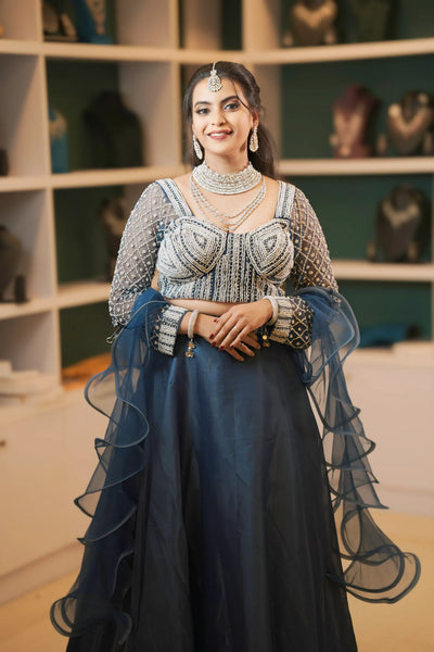 Navy Blue Designer Crop Top Lehenga