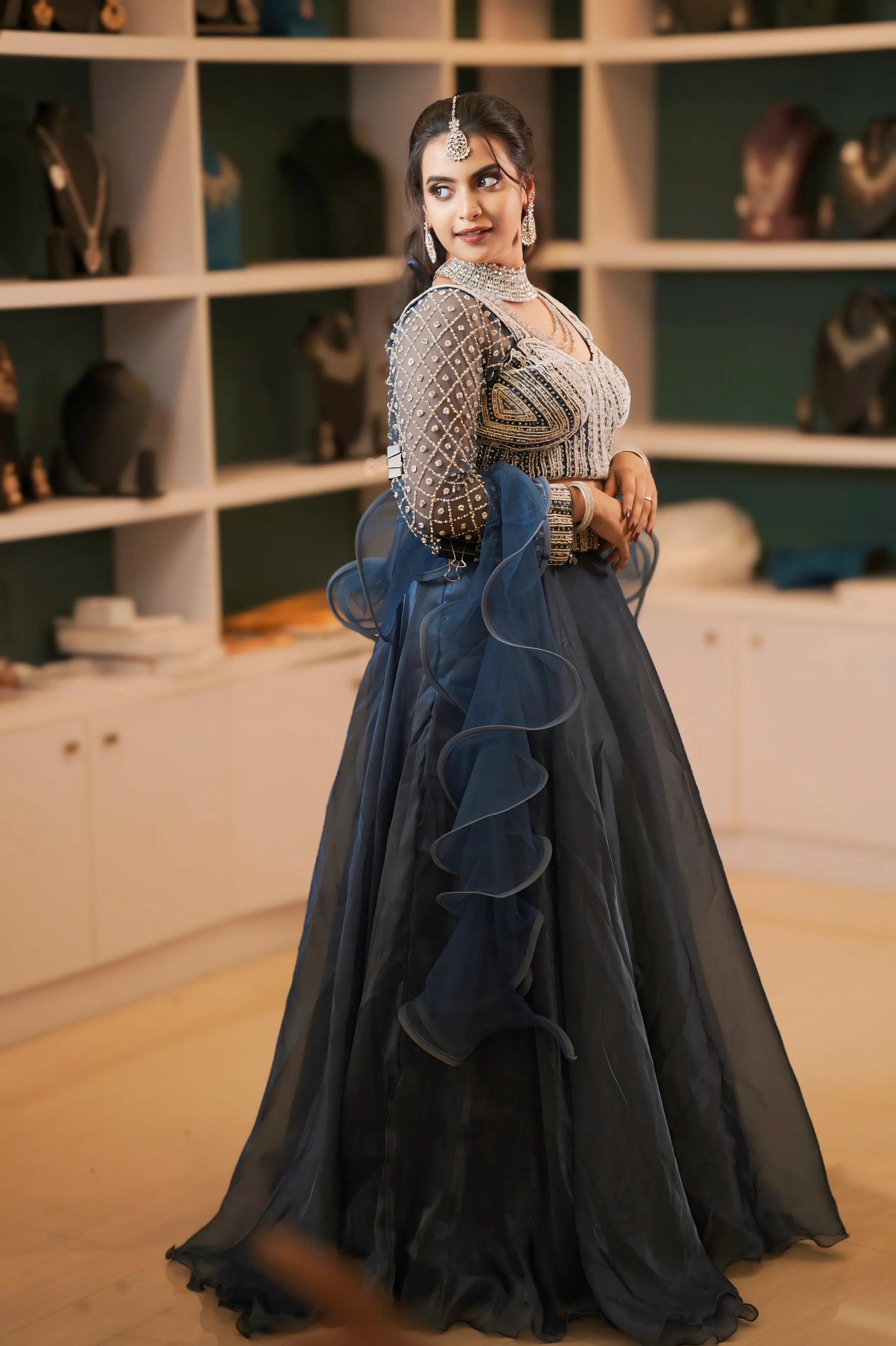 Navy Blue Designer Crop Top Lehenga