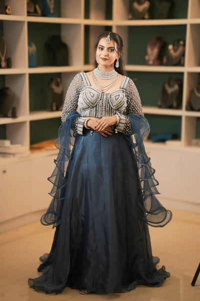 Navy Blue Designer Crop Top Lehenga