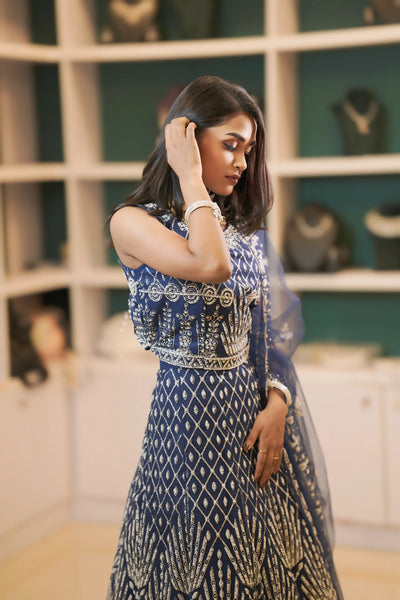 Navy Blue Embroidered Crop Top Lehenga