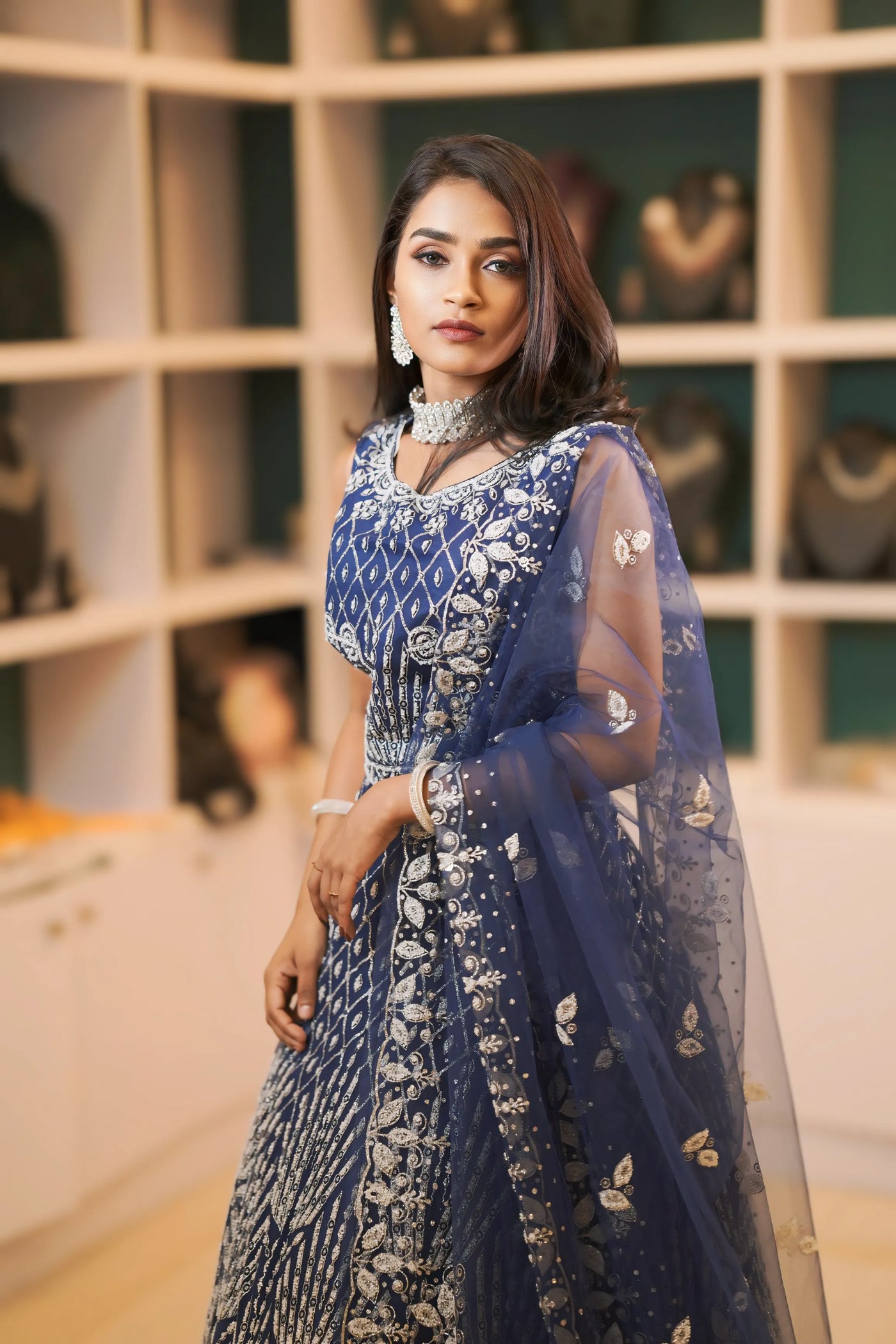 Navy Blue Embroidered Crop Top Lehenga