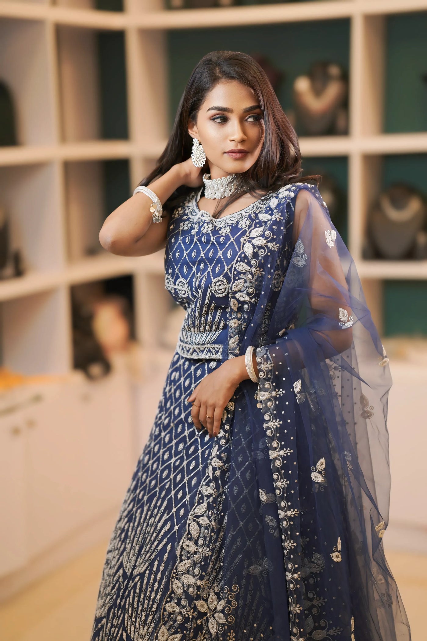Navy Blue Embroidered Crop Top Lehenga