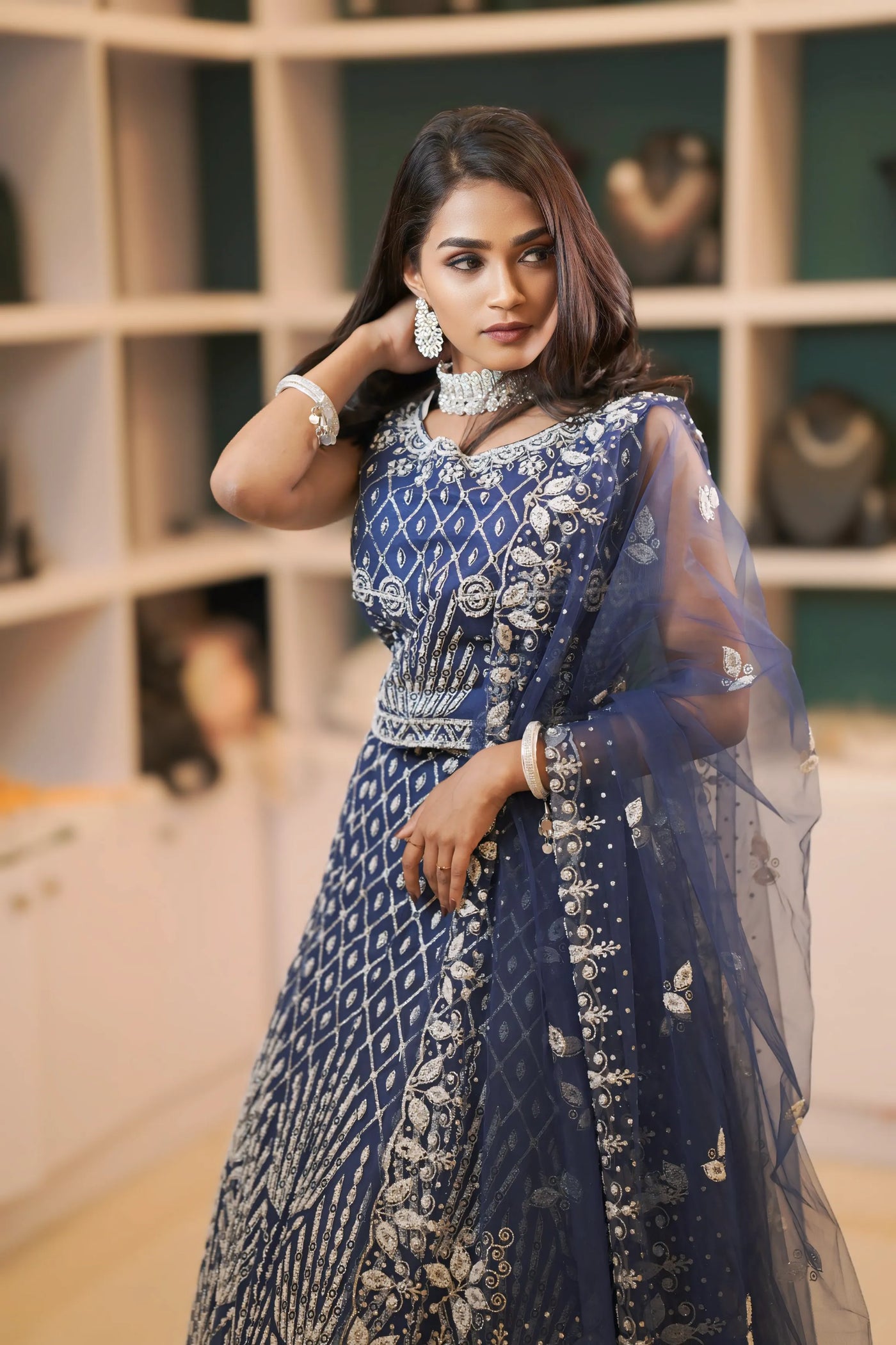 Navy Blue Embroidered Crop Top Lehenga