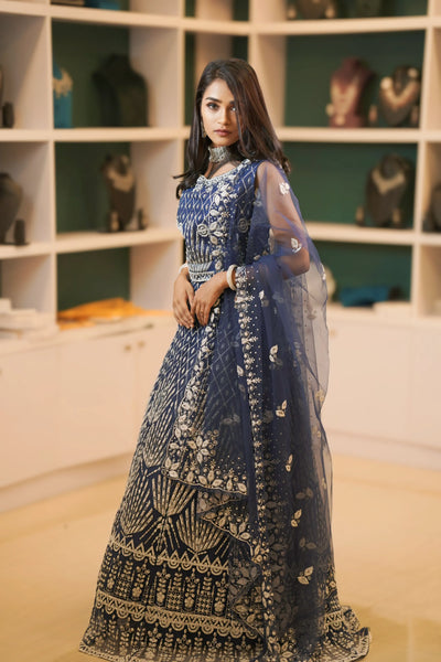 Navy Blue Embroidered Crop Top Lehenga