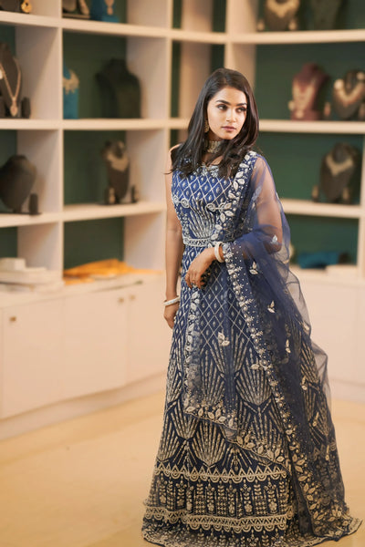 Navy Blue Embroidered Crop Top Lehenga