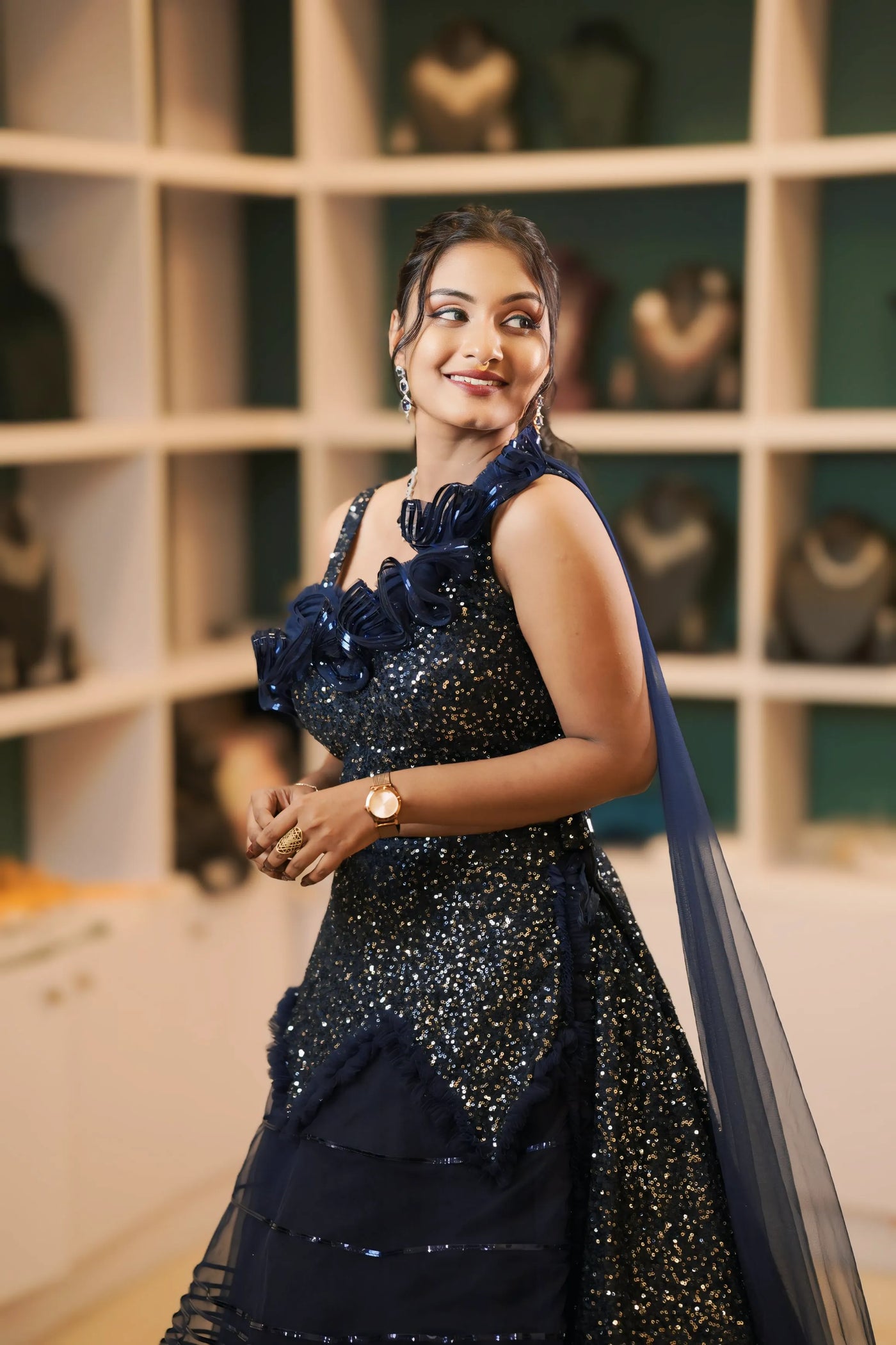 Navy Blue Sequins Crop Top Lehenga