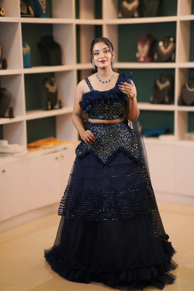 Navy Blue Sequins Crop Top Lehenga