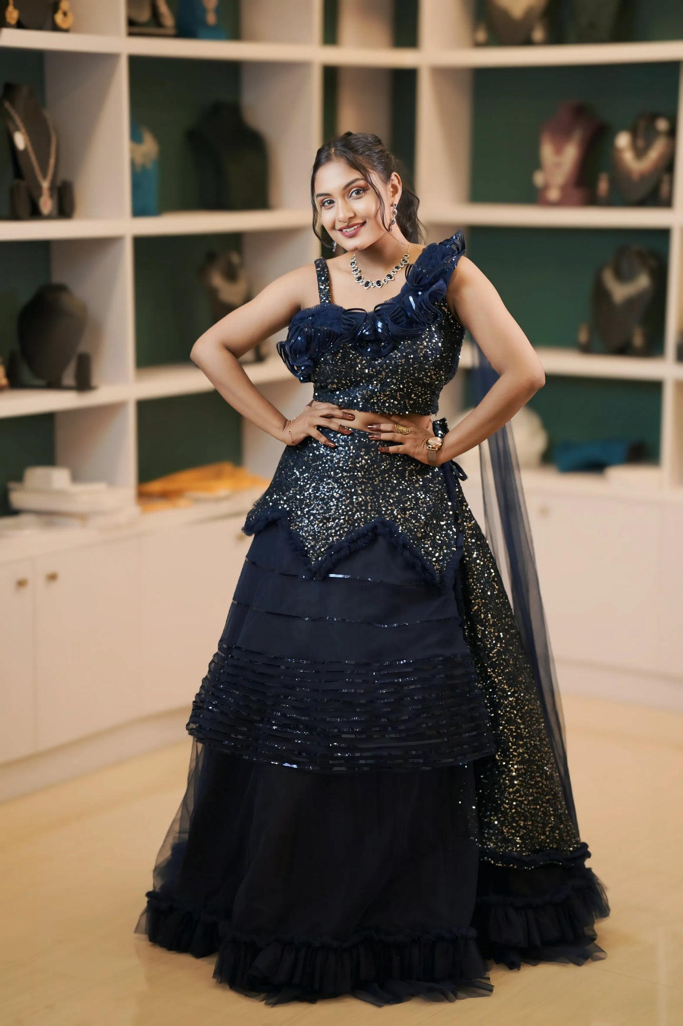 Navy Blue Sequins Crop Top Lehenga