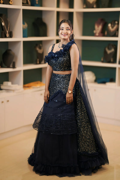 Navy Blue Sequins Crop Top Lehenga