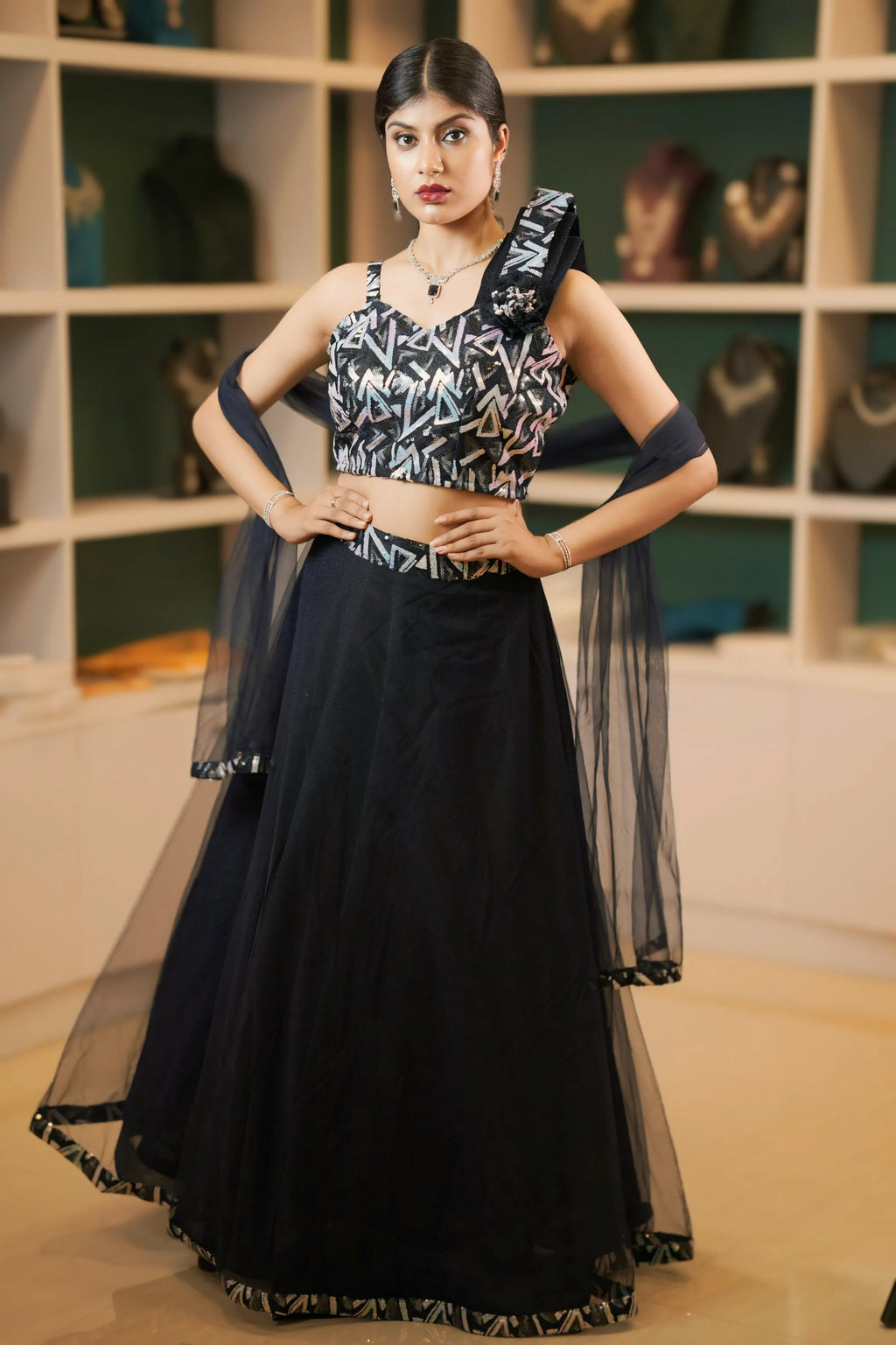 Black Embroidered Crop Top