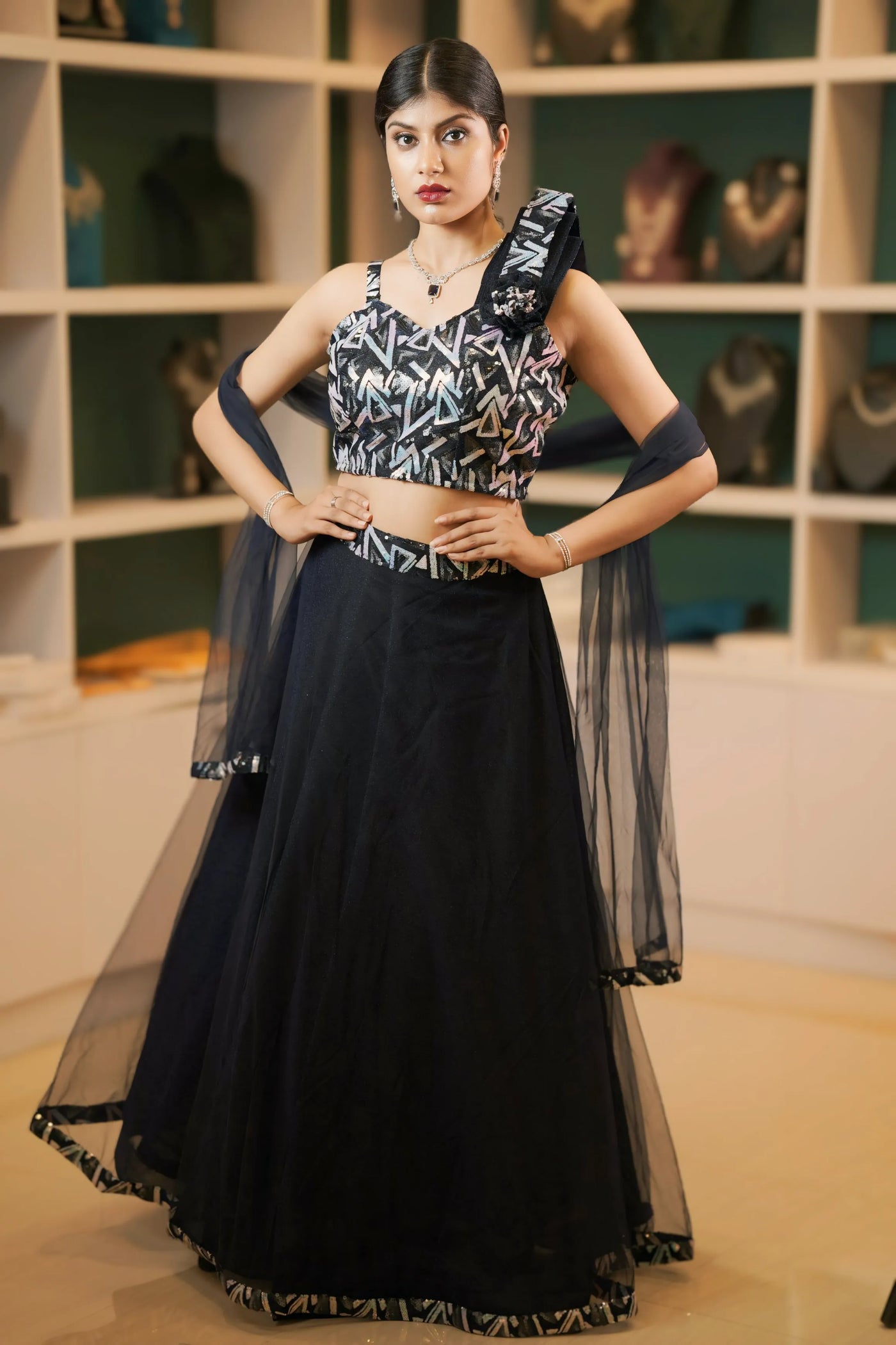 Black Embroidered Crop Top