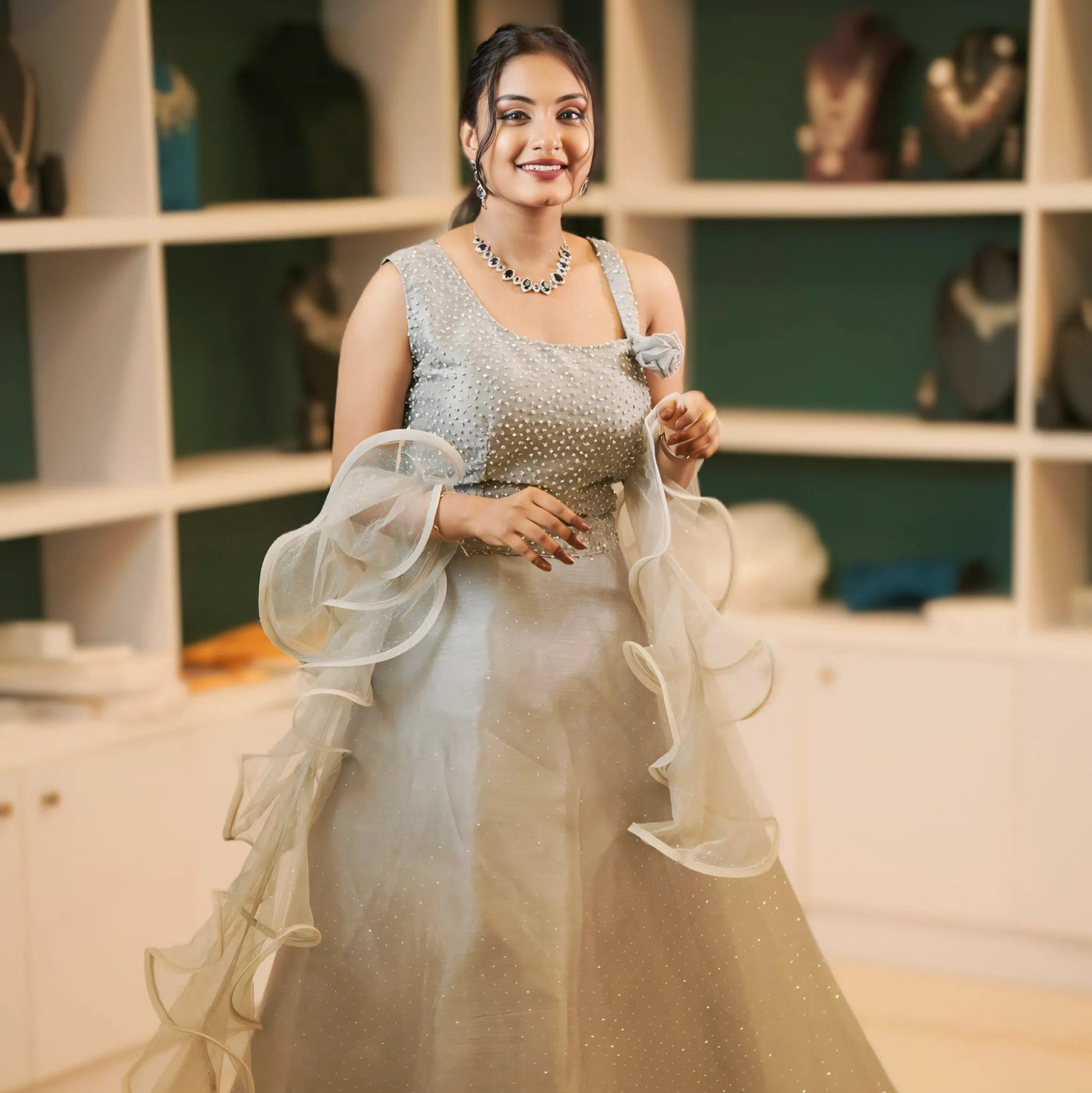 Silver Crop Top Lehenga with Ruffle Sleeves