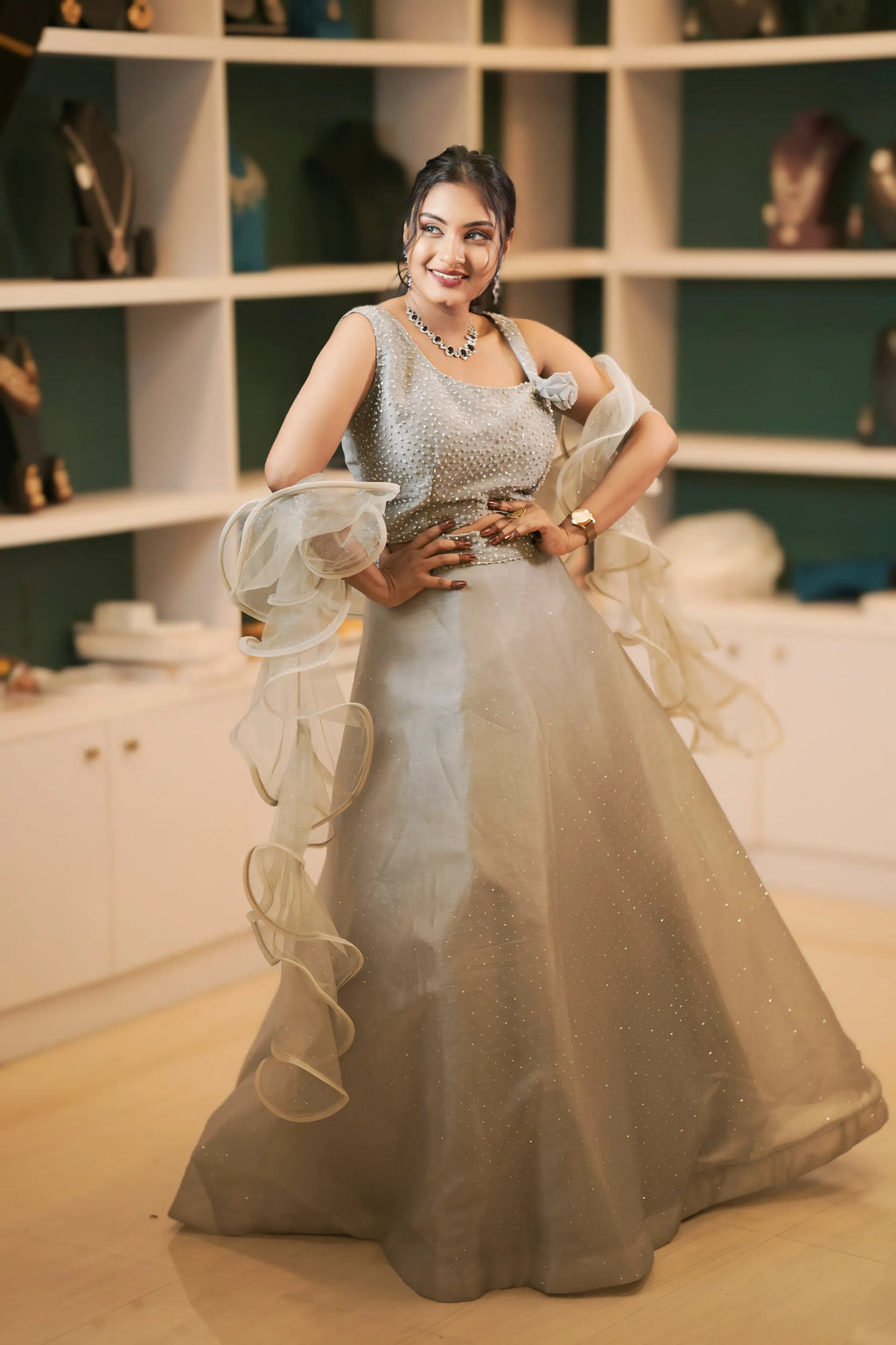 Silver Crop Top Lehenga with Ruffle Sleeves