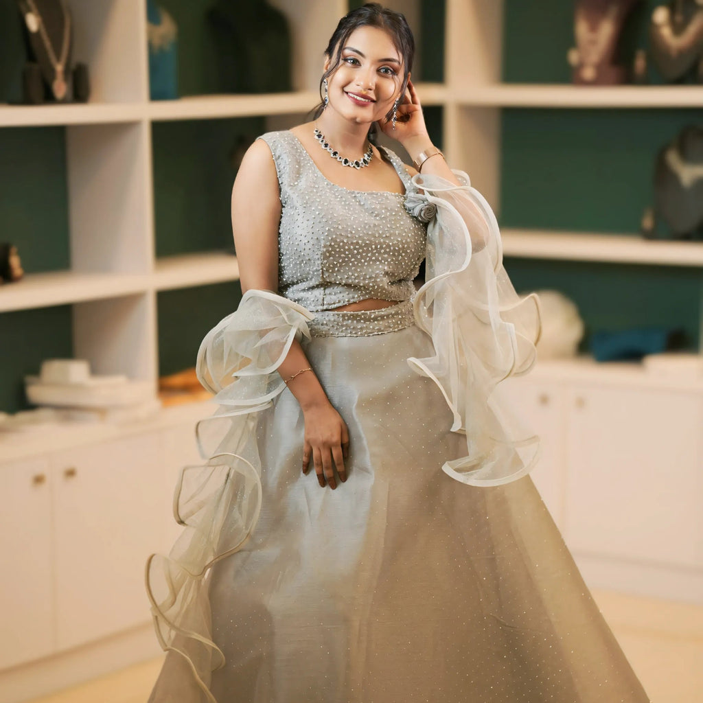 Silver Crop Top Lehenga with Ruffle Sleeves