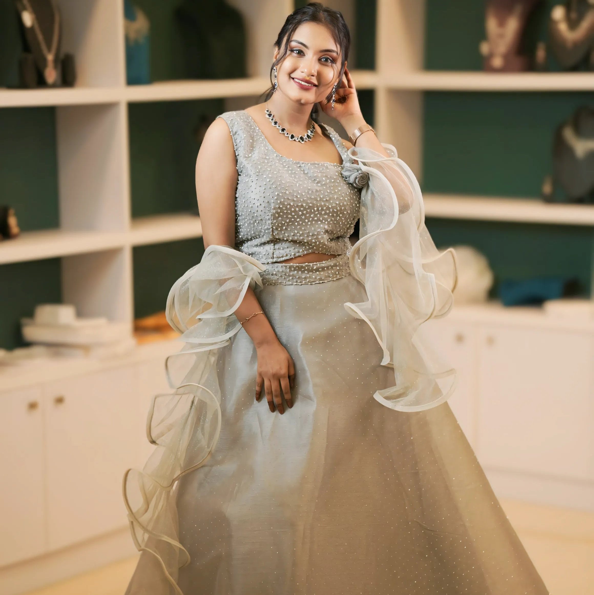 Silver Crop Top Lehenga with Ruffle Sleeves