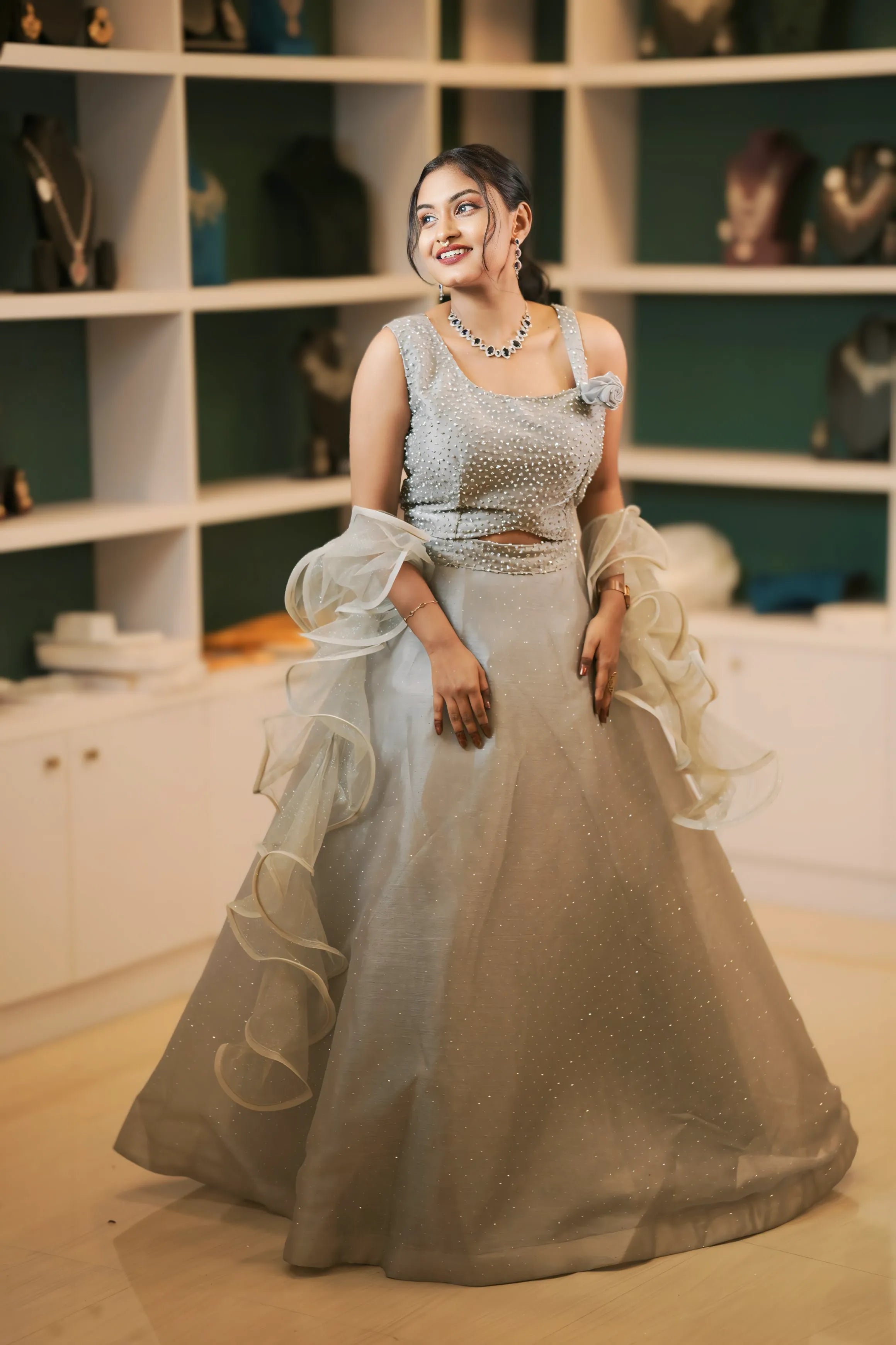 Silver Crop Top Lehenga with Ruffle Sleeves