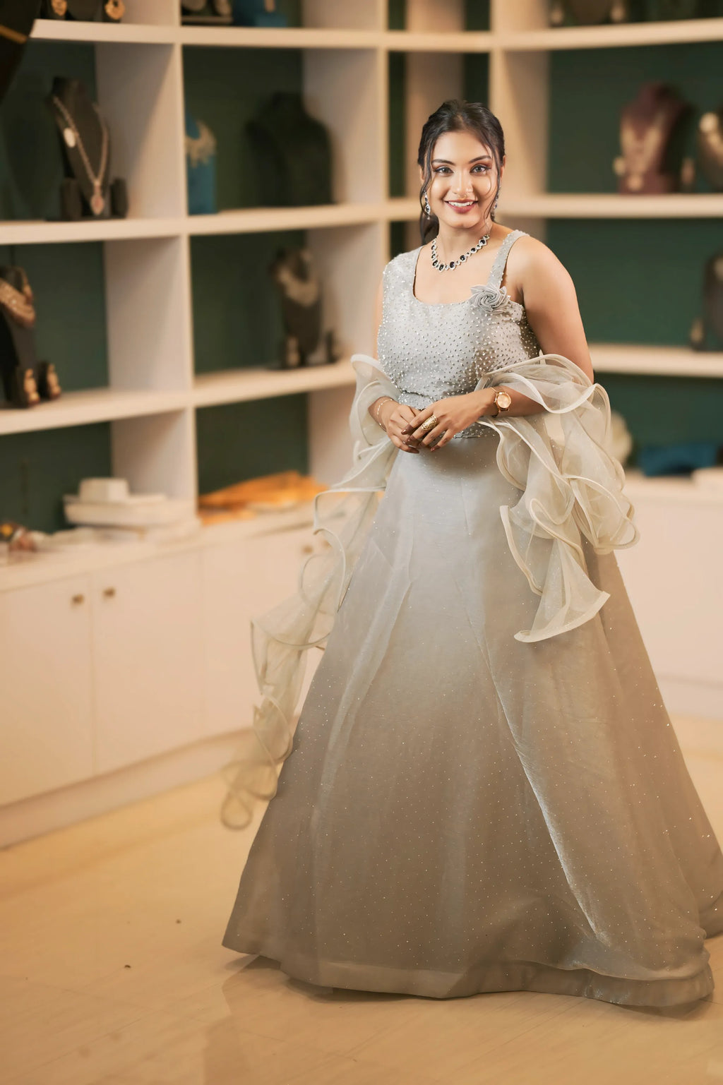 Silver Crop Top Lehenga with Ruffle Sleeves