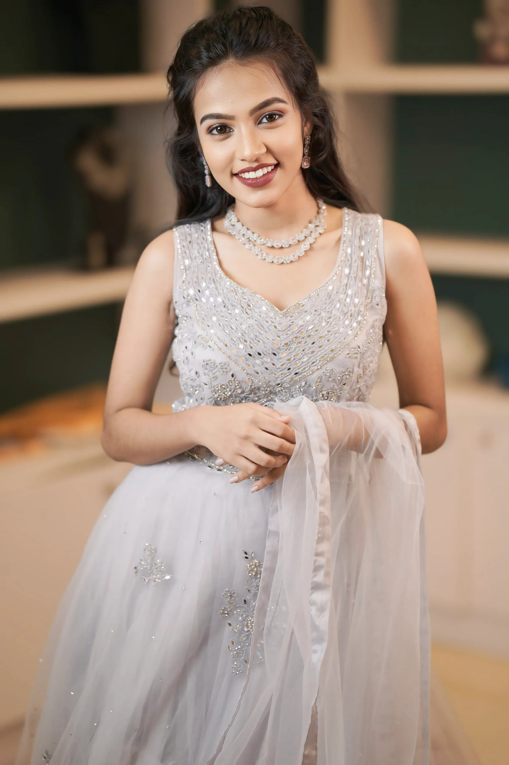 women wearing Silver Grey Embellished Crop Top Lehenga