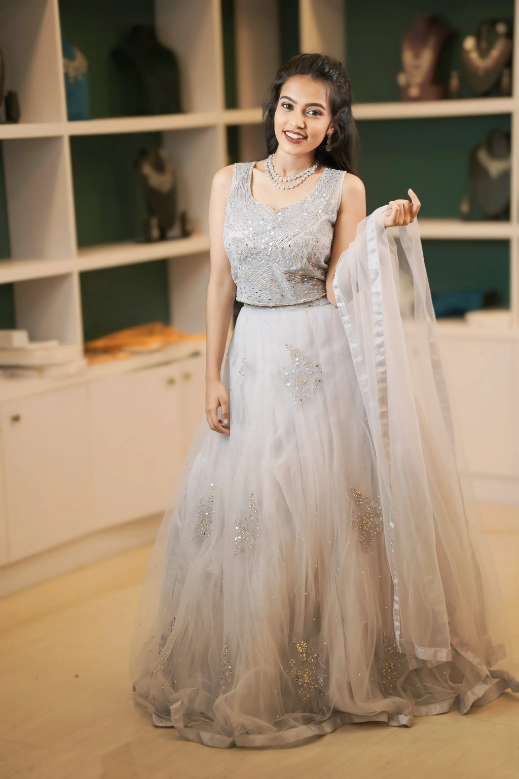 women wearing Silver Grey Embellished Crop Top Lehenga