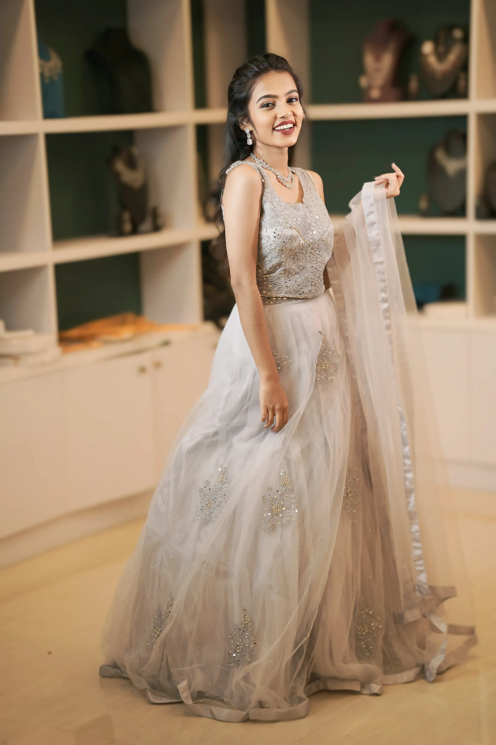 women wearing Silver Grey Embellished Crop Top Lehenga