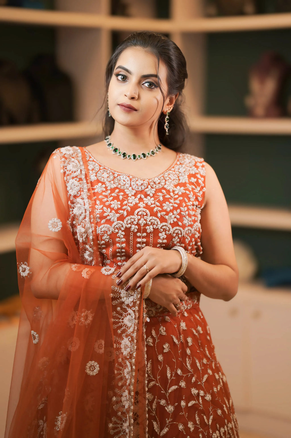 women wearing Rust Orange Embroidered Crop Top