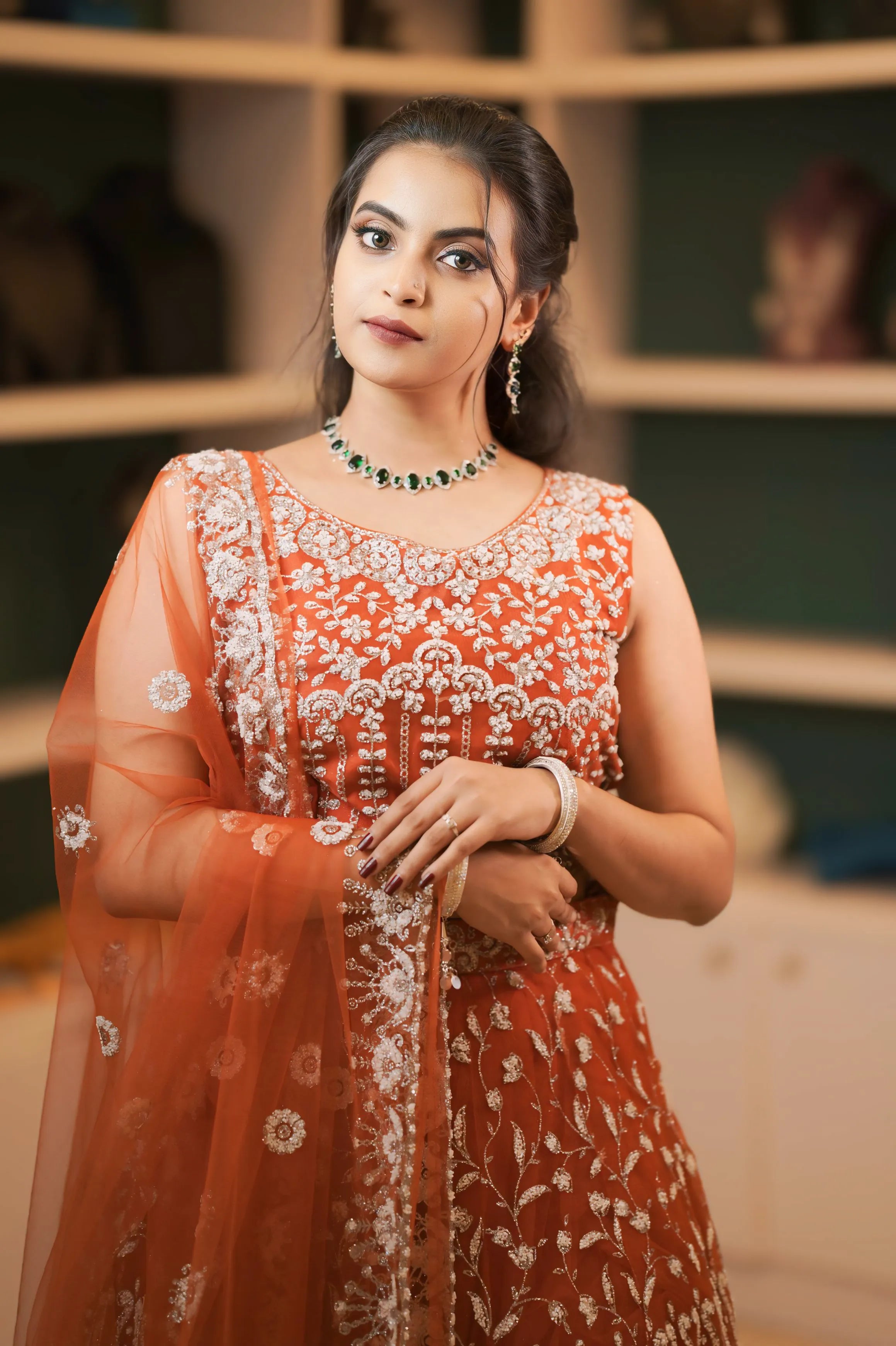 women wearing Rust Orange Embroidered Crop Top