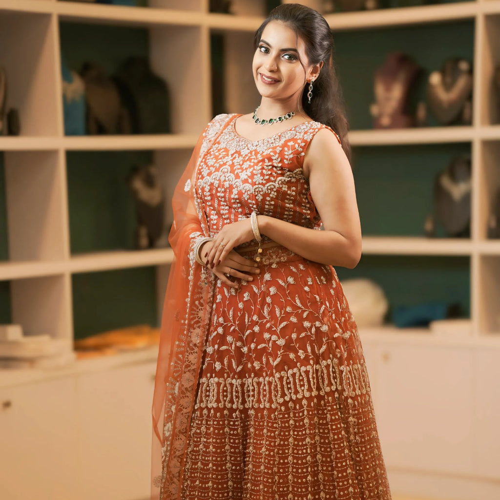 women wearing Rust Orange Embroidered Crop Top