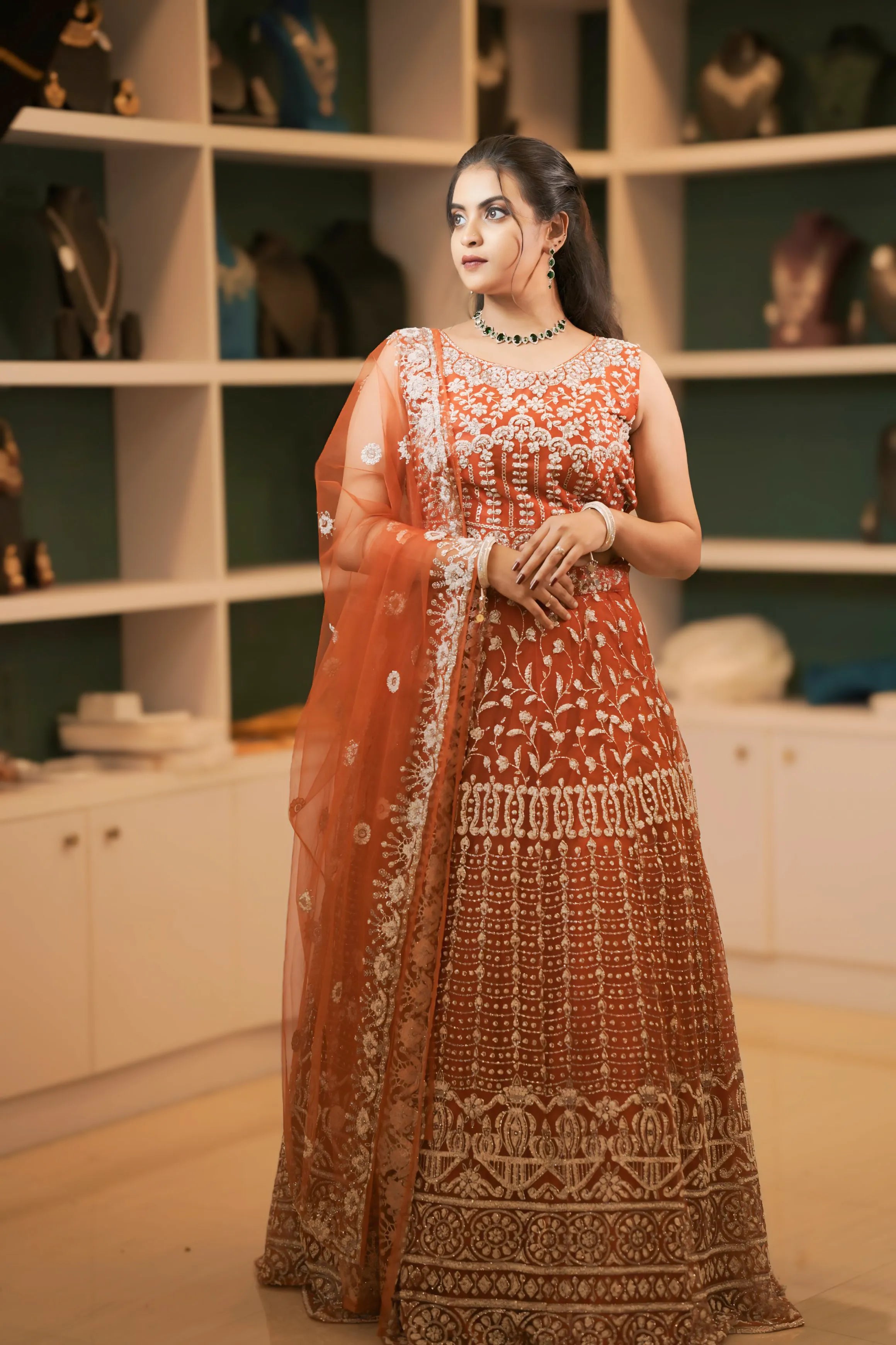 women wearing Rust Orange Embroidered Crop Top for rent