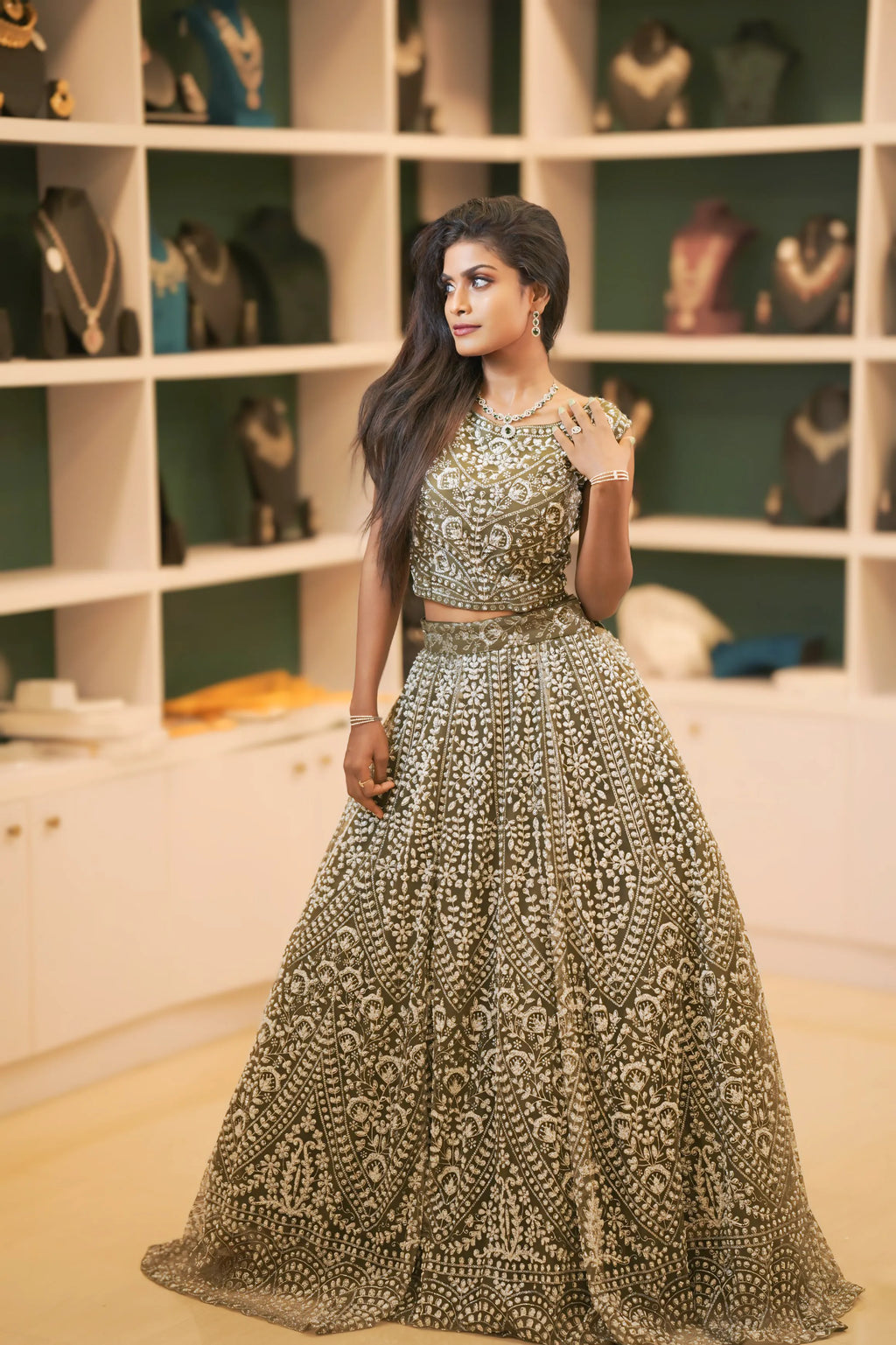 women wearing Olive Green Embroidered Crop Top