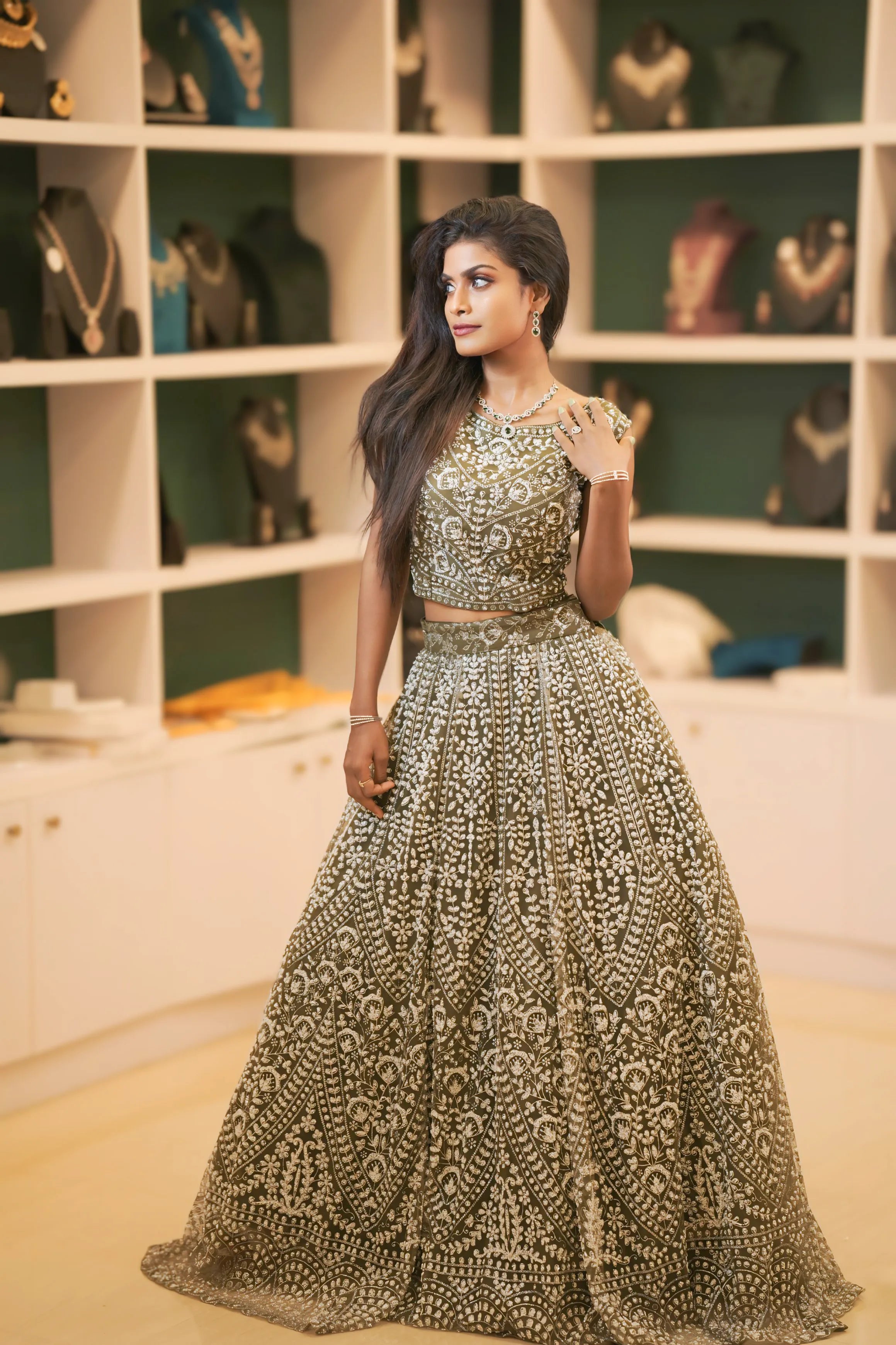 women wearing Olive Green Embroidered Crop Top