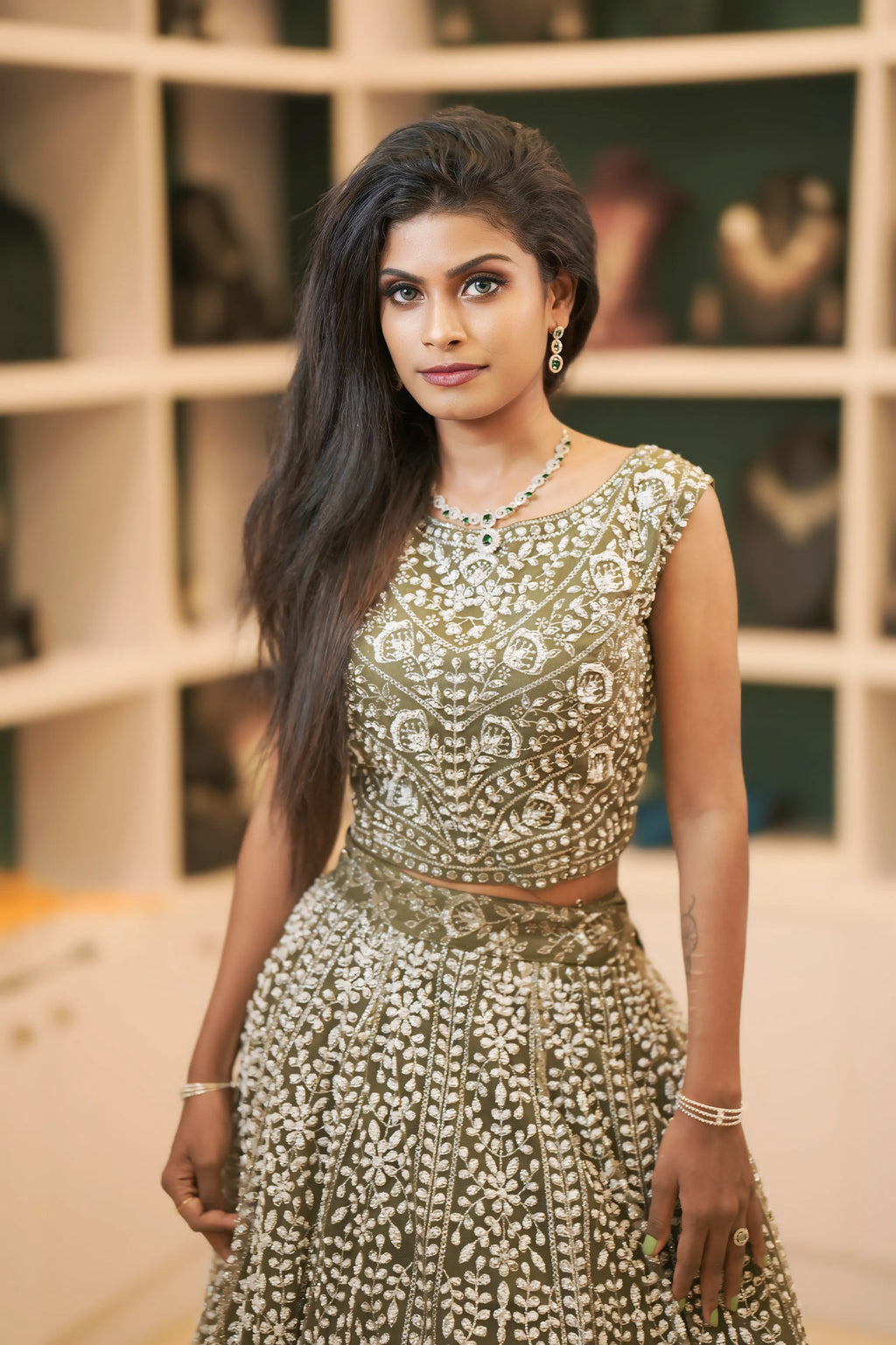 women wearing Olive Green Embroidered Crop Top