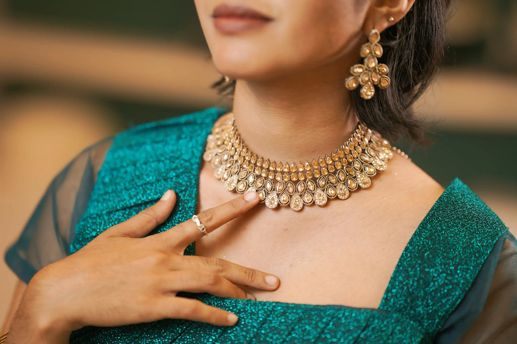 Teal Green Shimmer Crop Top Lehenga with jewellery