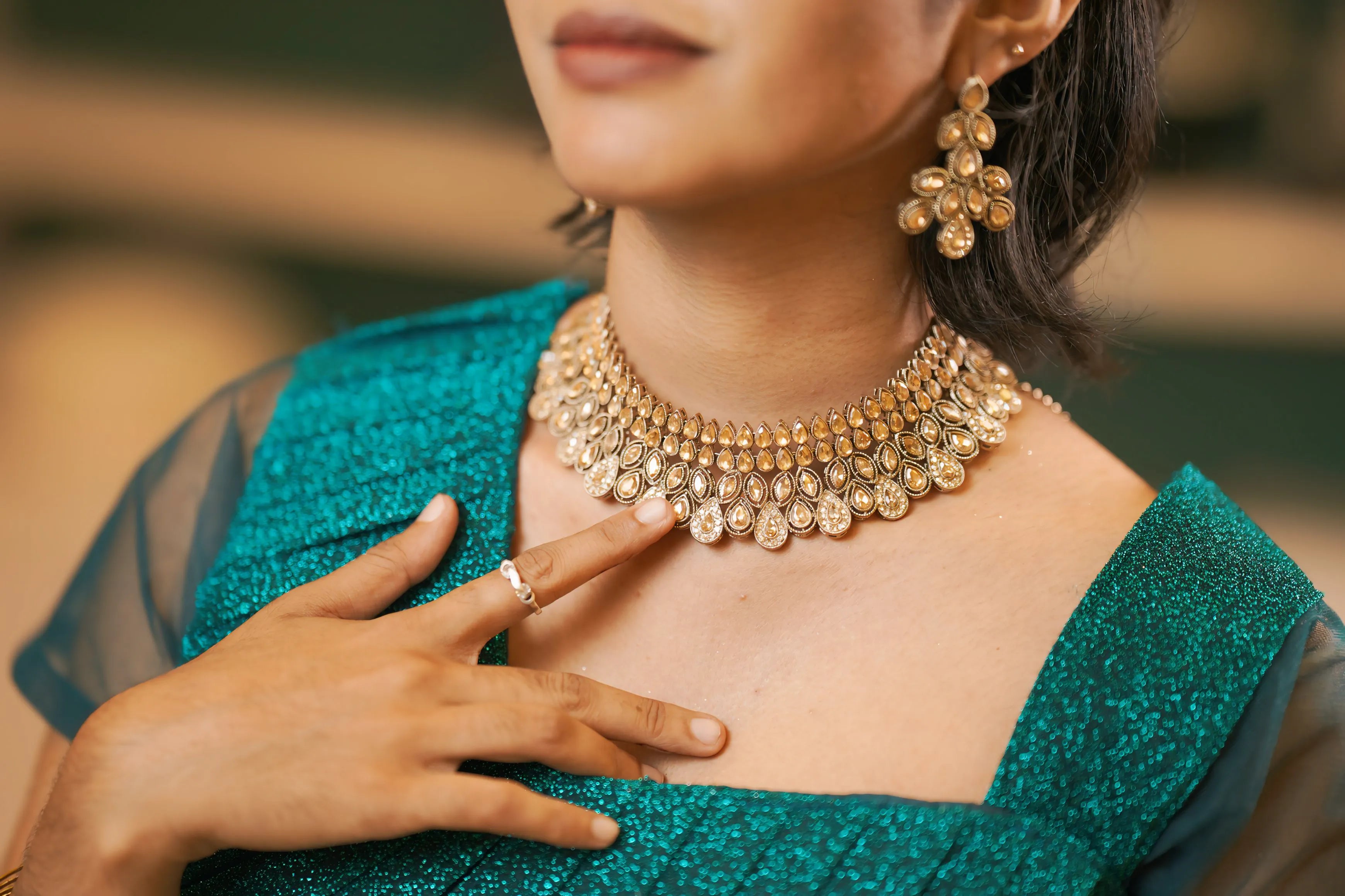 Teal Green Shimmer Crop Top Lehenga with jewellery